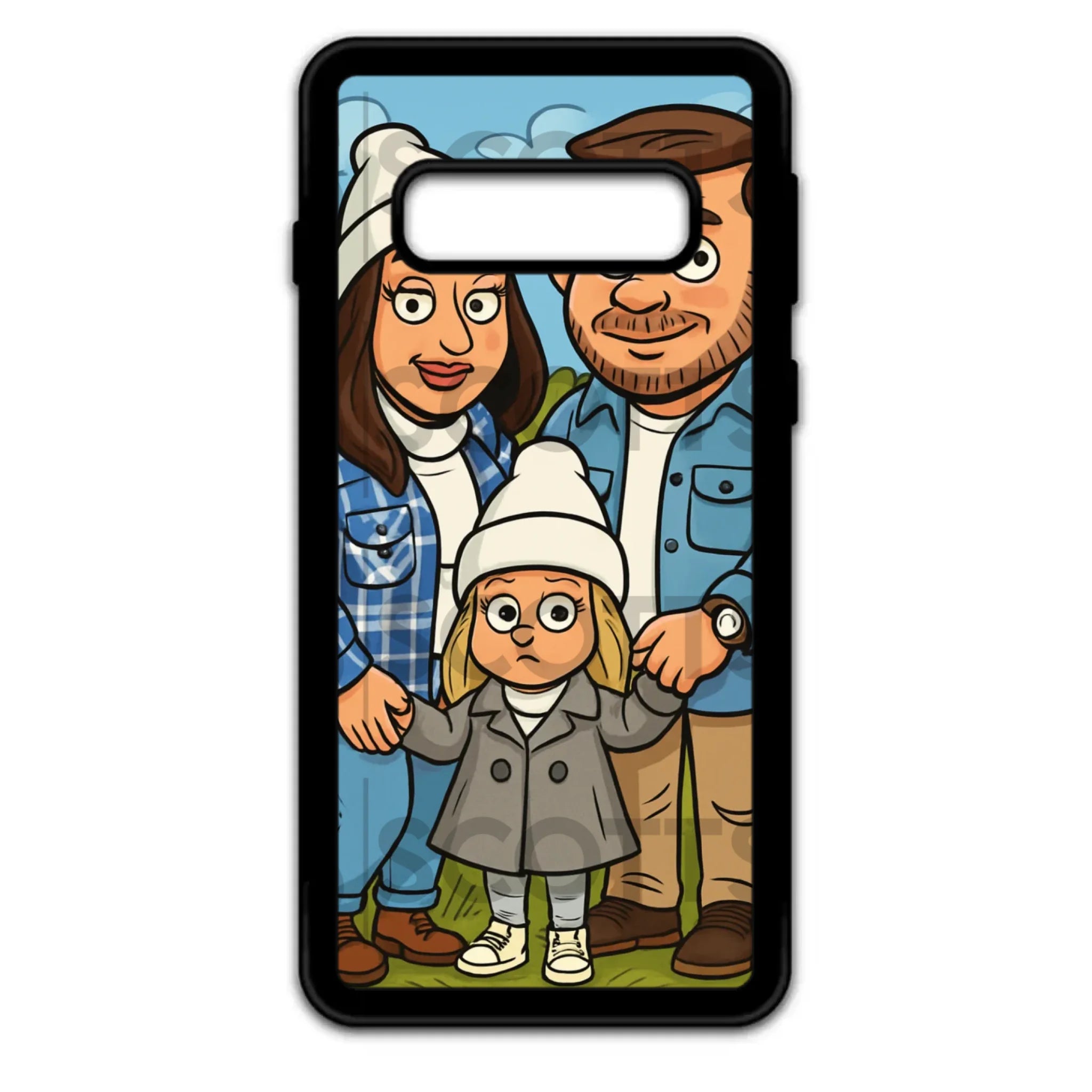 Custom caricature phone case showing vibrant character print on back