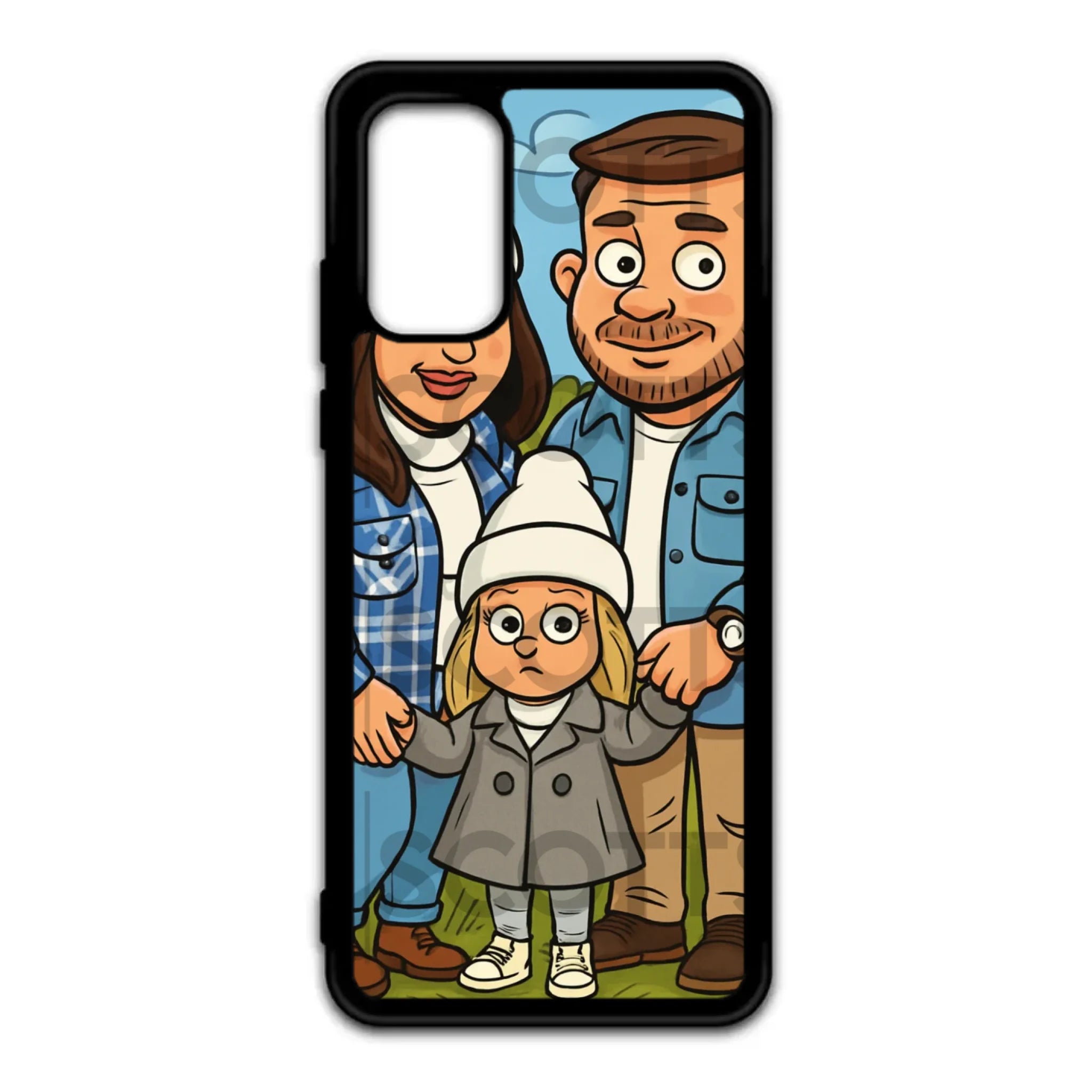 Custom caricature phone case with textured sides for grip