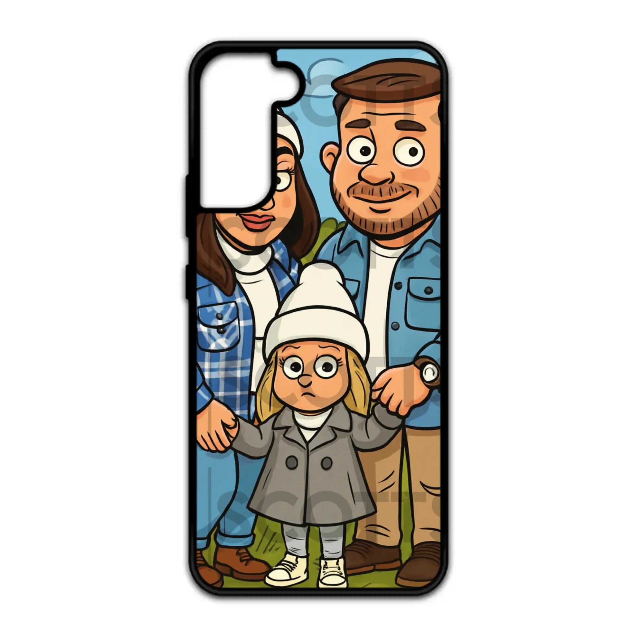 Custom caricature phone case supplied in printed protective bag