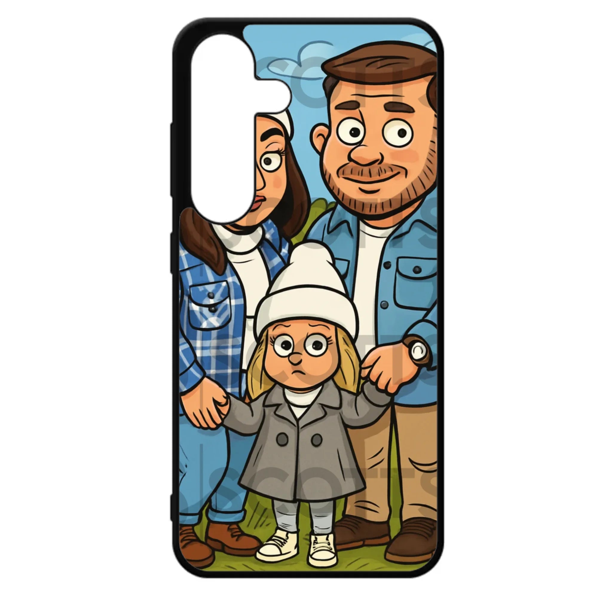Personalised caricature phone case with raised bevels protecting camera lens