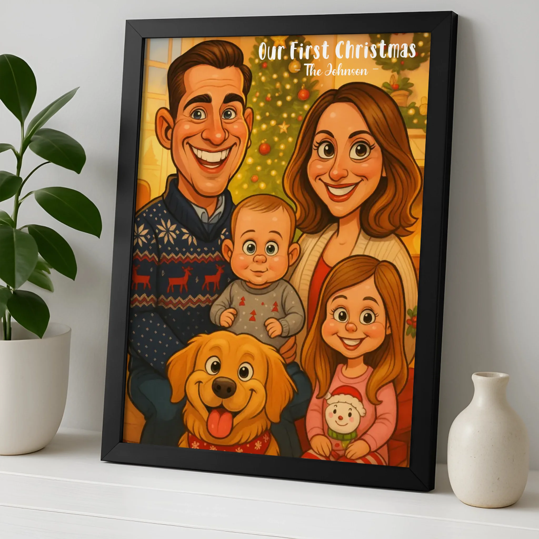 Custom caricature family portrait photo frame gift with Christmas design