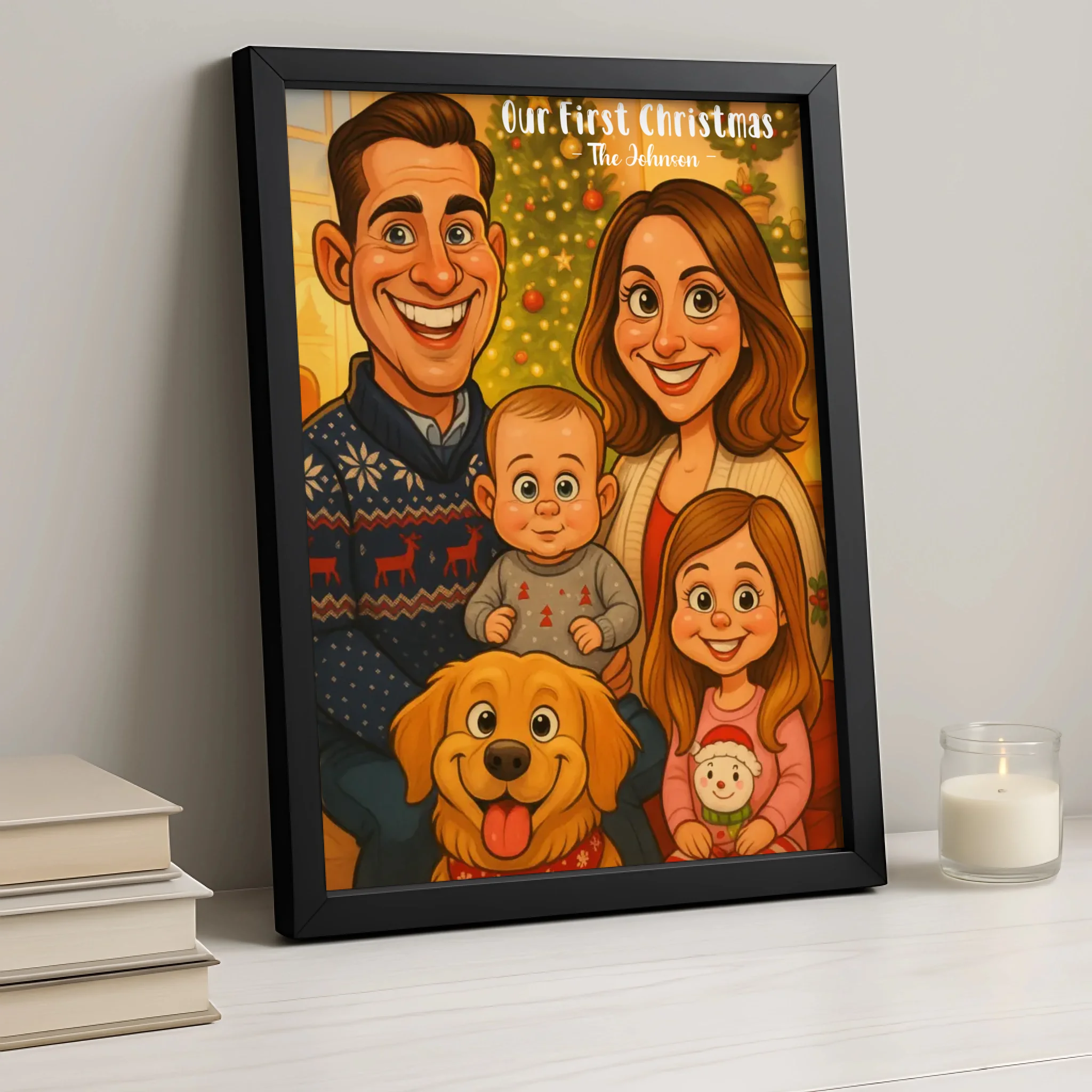 Personalised family caricature print displayed in a photo frame
