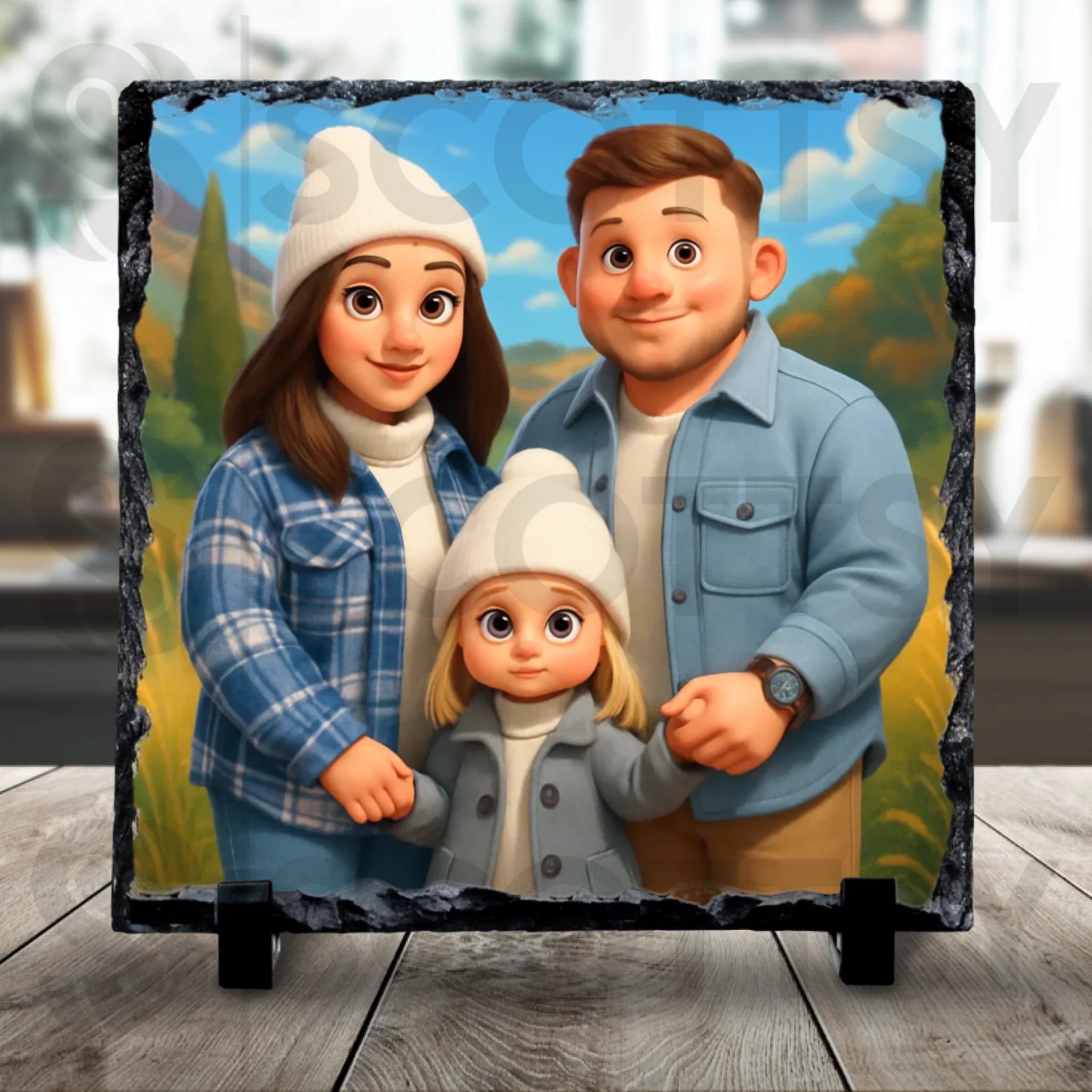 Personalised photo slate with cartoon effect showing a family portrait