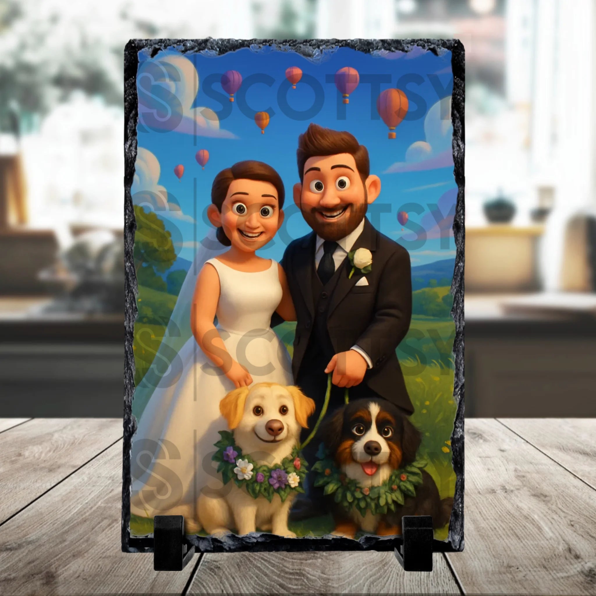 Personalised photo slate couple keepsake with cartoon effect portrait print