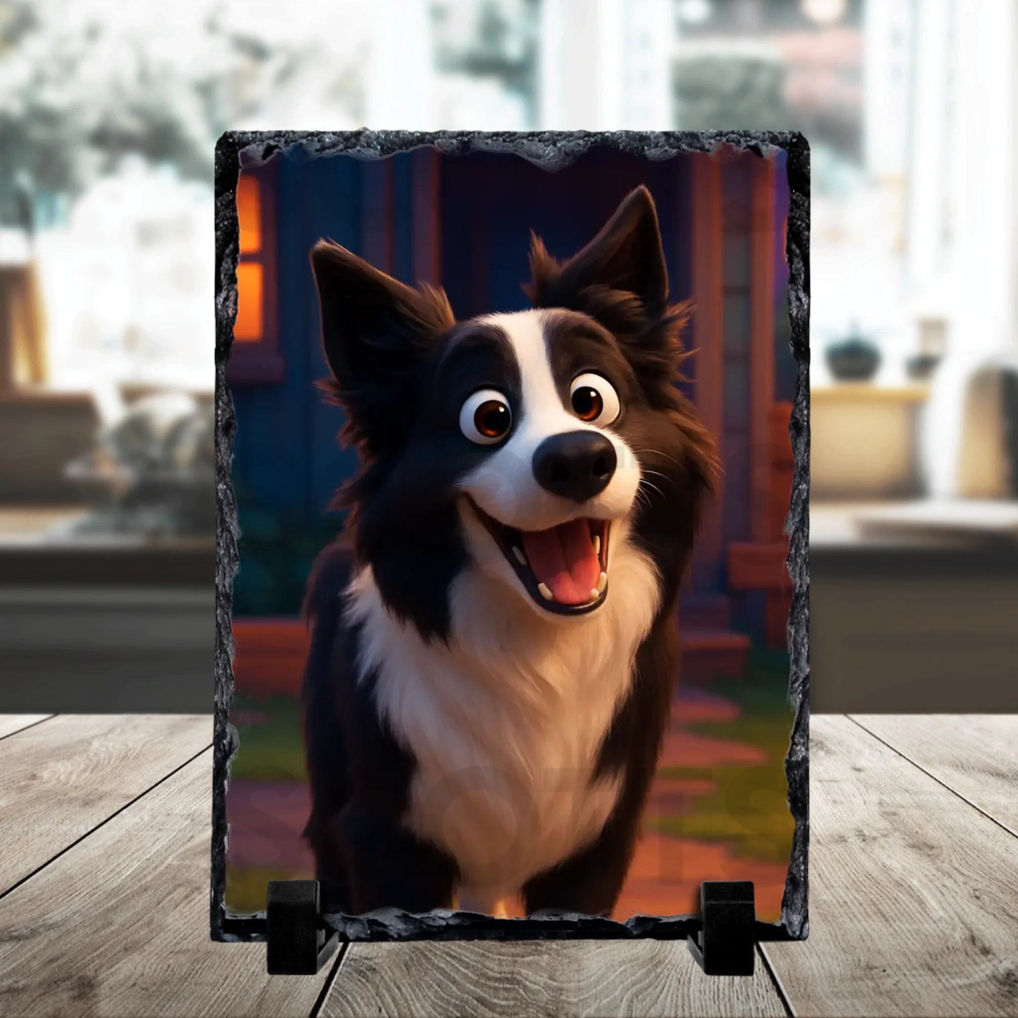 Custom photo slate gift showing a personalised portrait printed on a natural stone tile