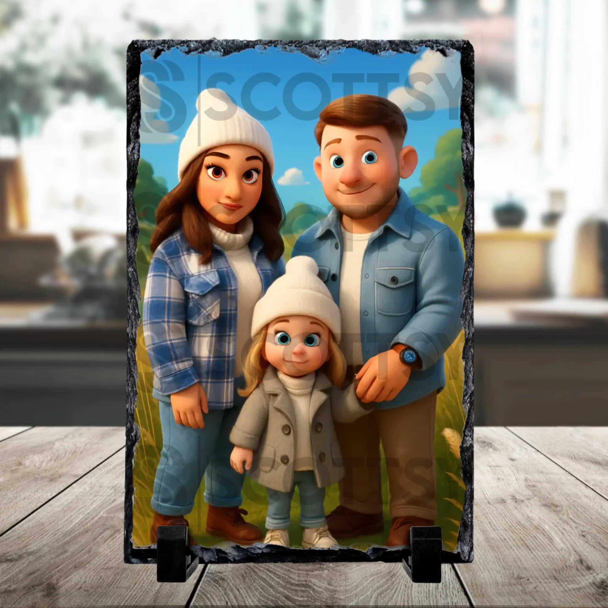 Close-up of a personalised slate with cartoon effect photo print, unique keepsake gift