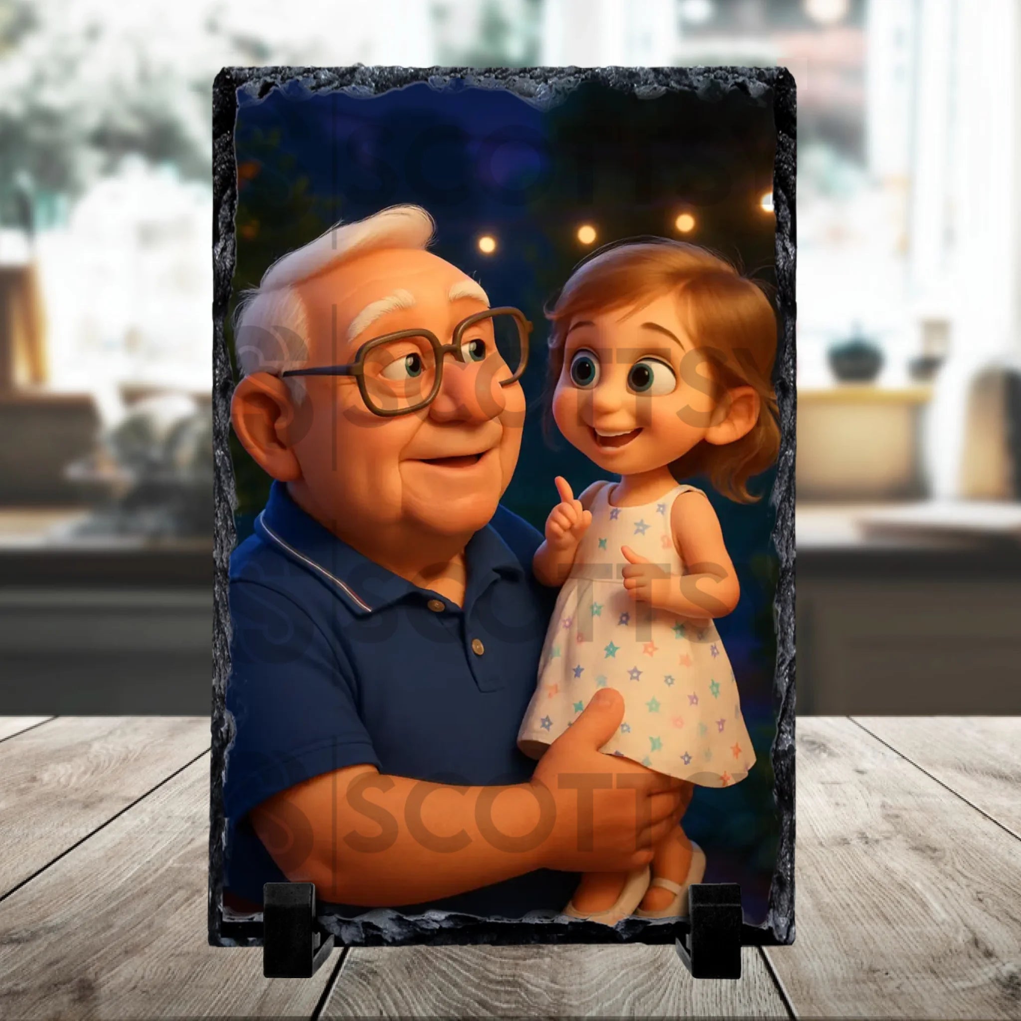 Personalised photo slate featuring a cartoon-style family portrait print on natural slate