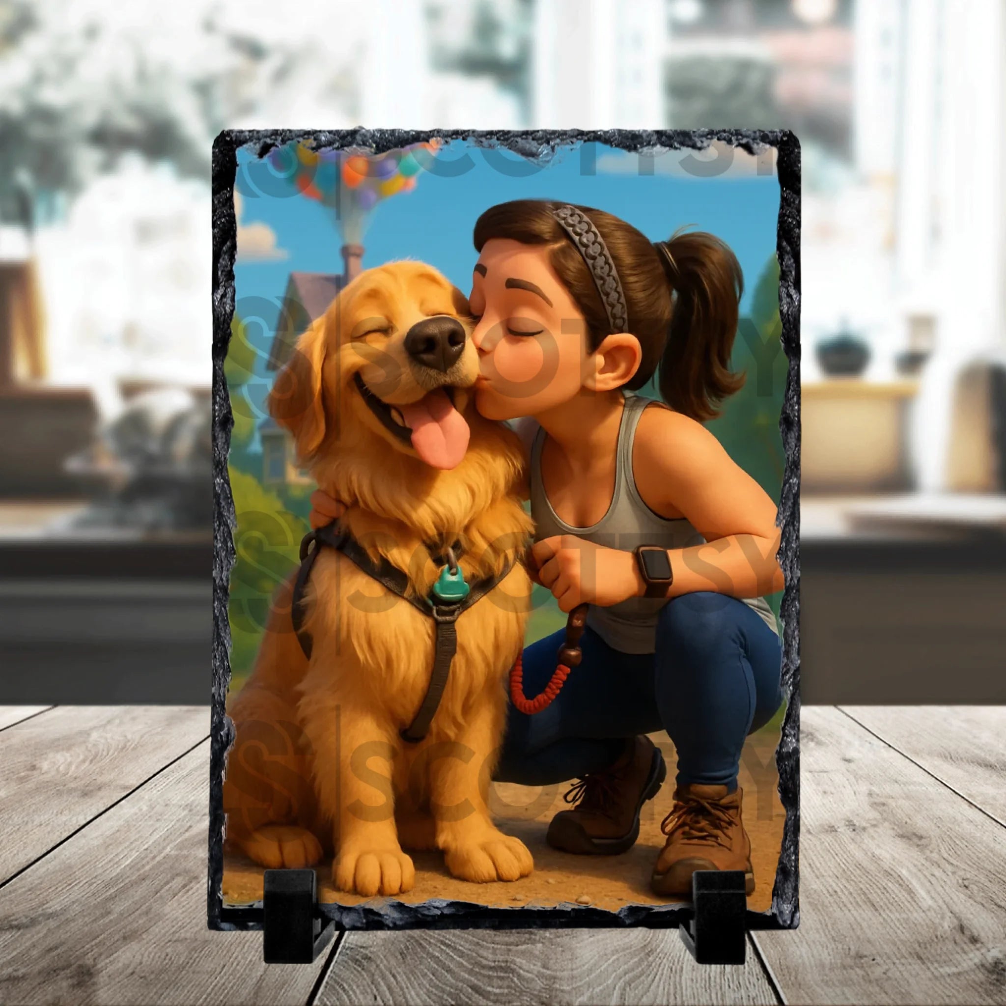 Custom photo slate gift with cartoon pet portrait design, shown as a home display piece