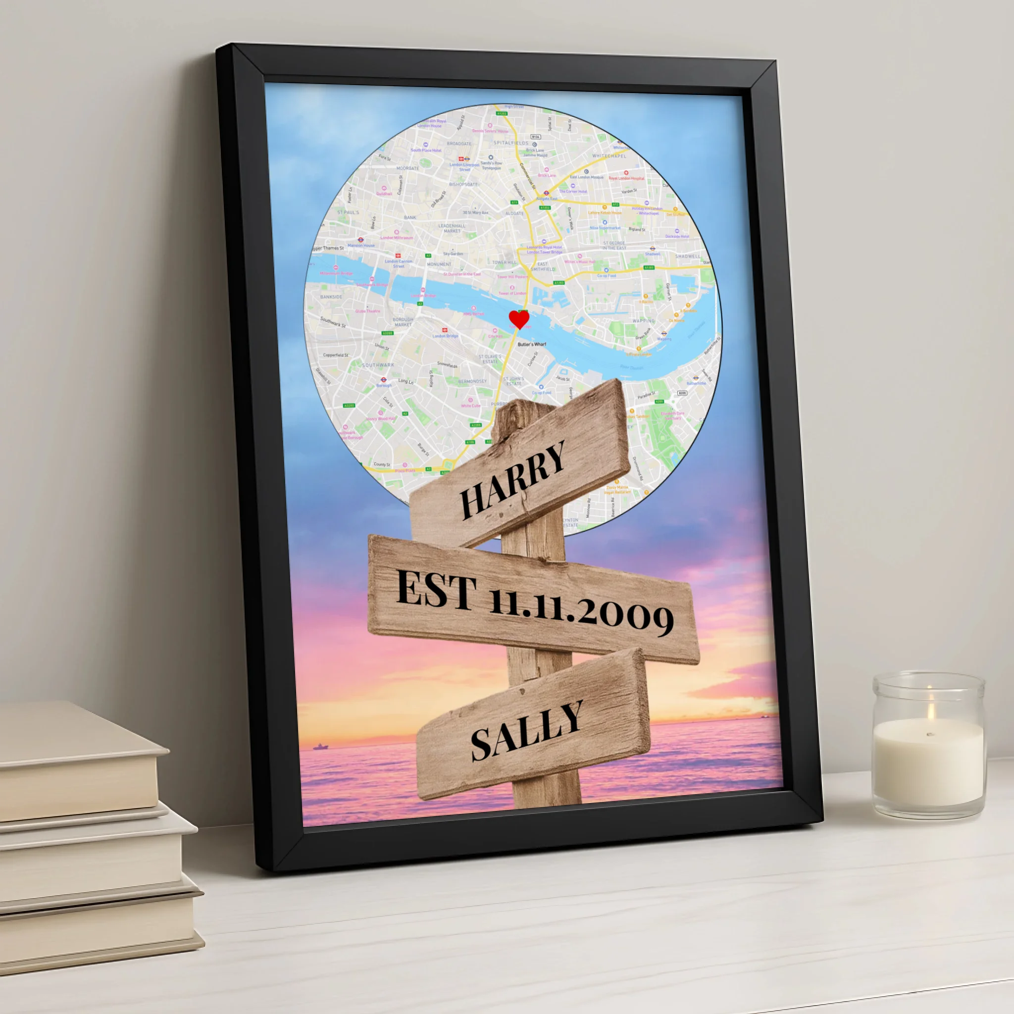 Personalised map print in a white frame showing a UK location with names on a signpost