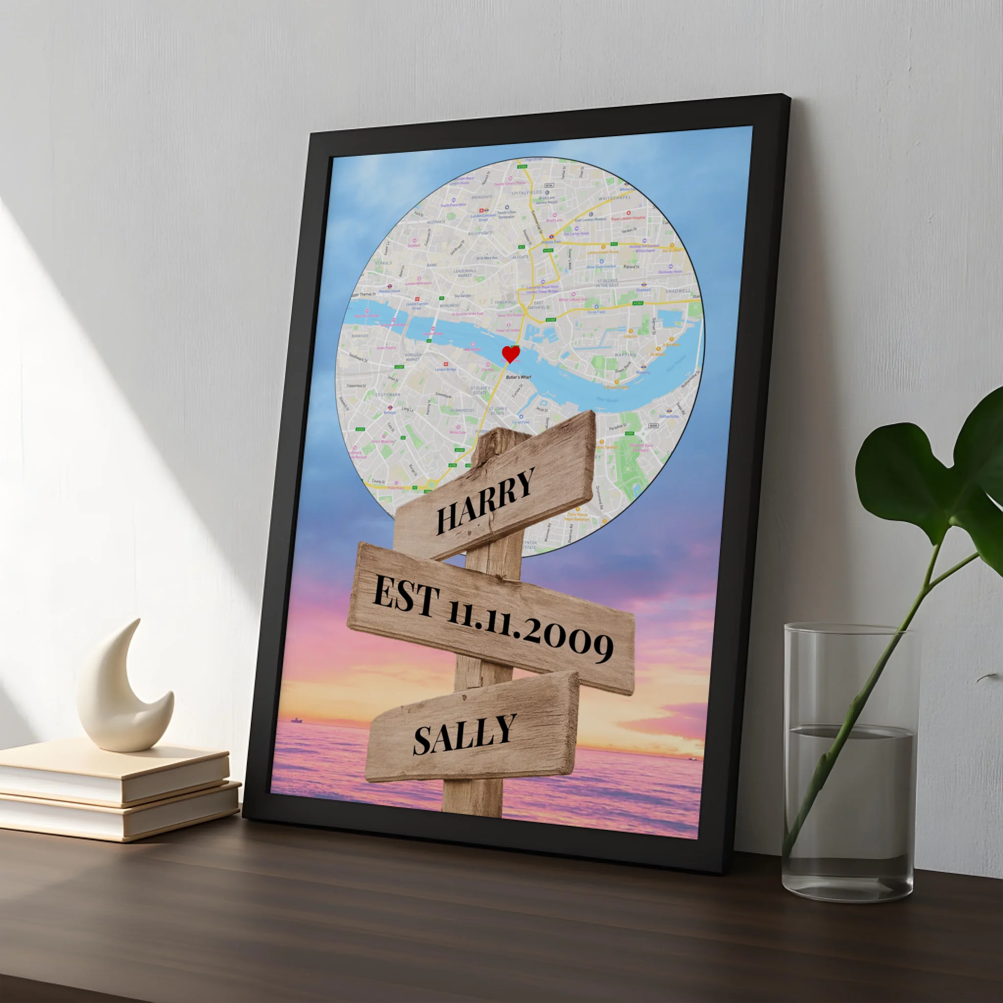 A3 personalised map print with custom location and names displayed on a wall