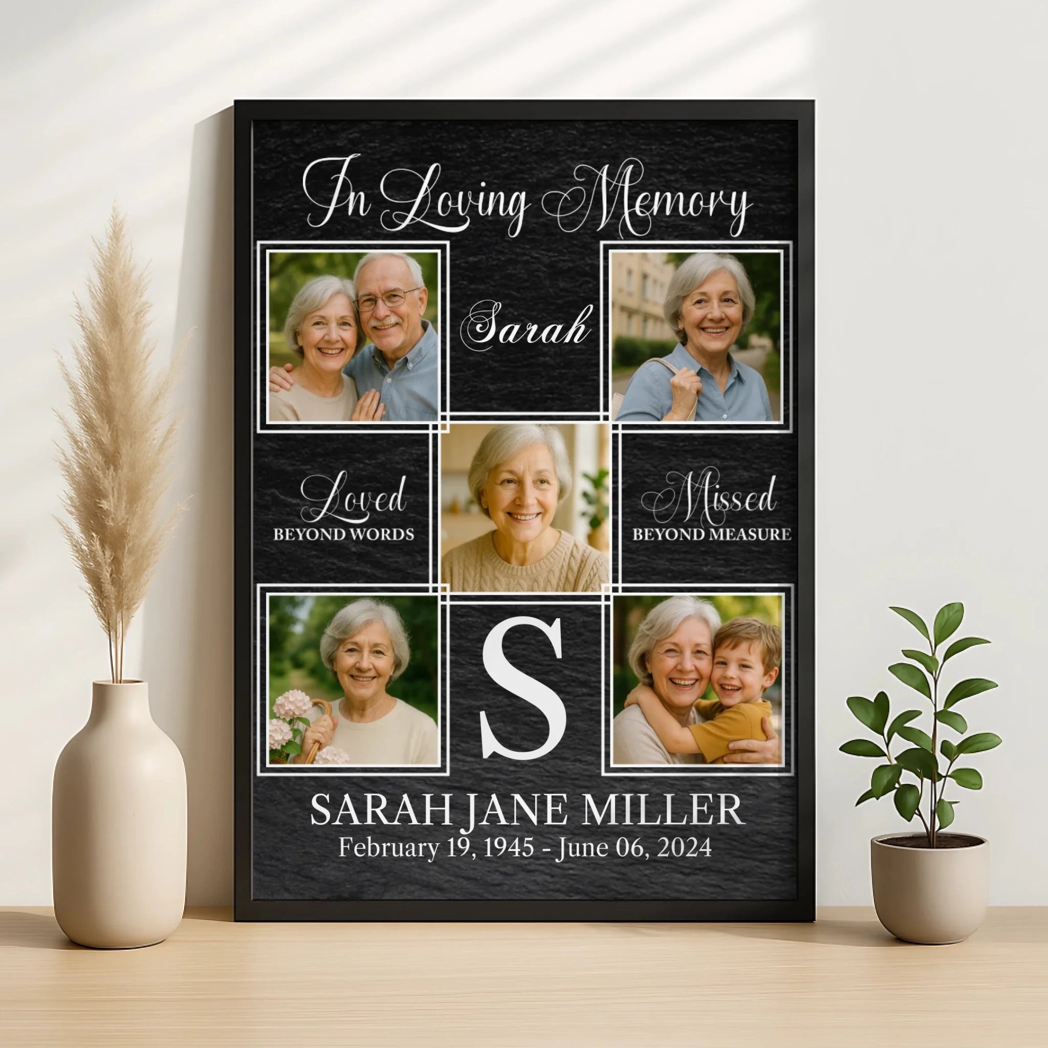Close-up of personalised memorial wall art with photo collage and name text