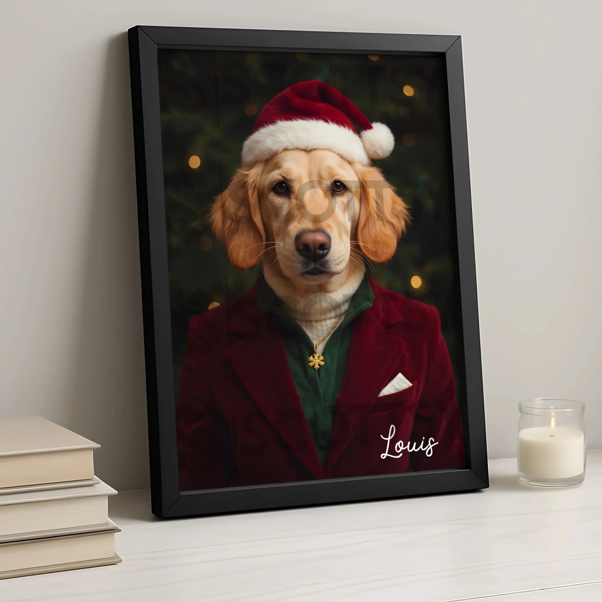 Personalised cat portrait framed print with festive custom artwork