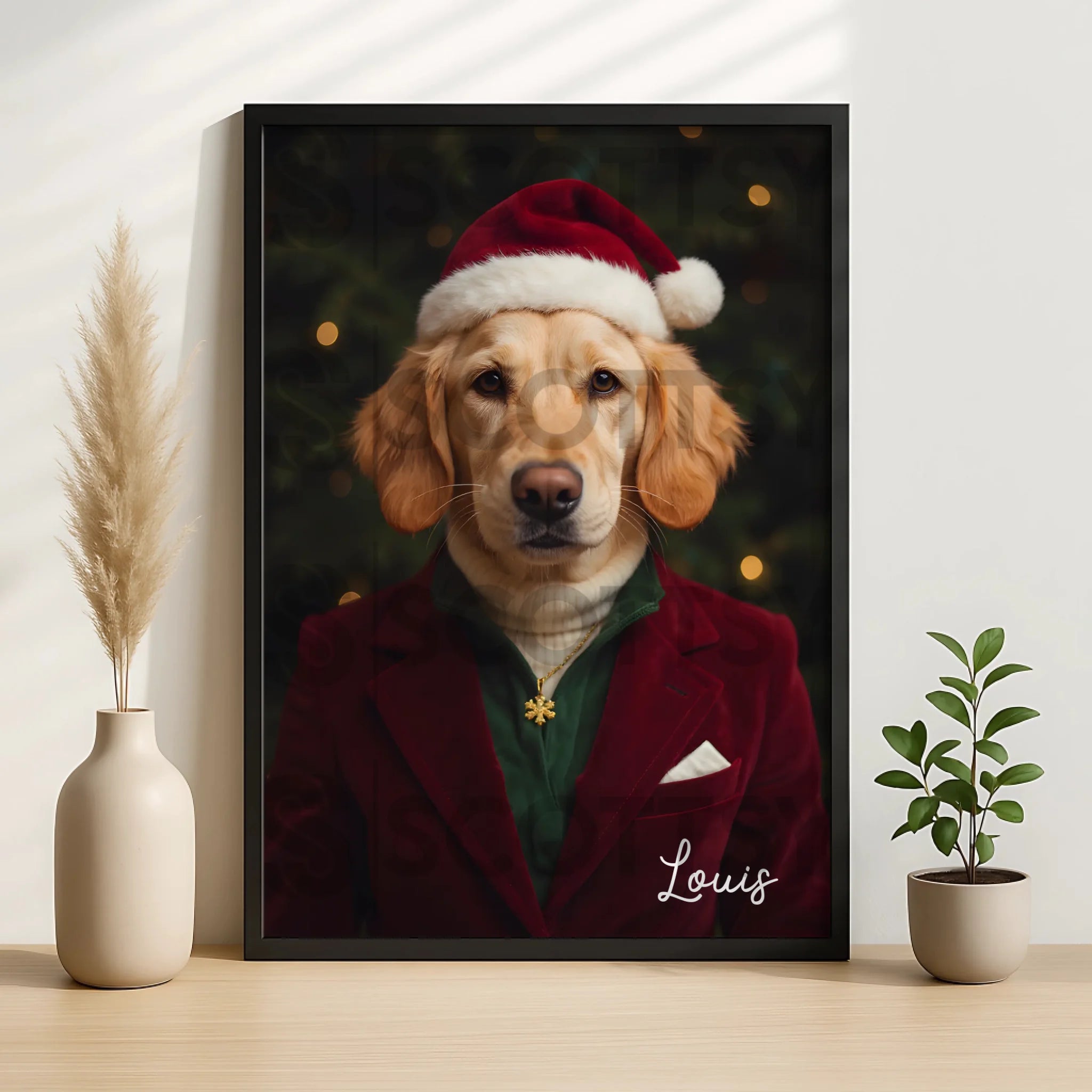 Close-up of a personalised pet photo frame with custom portrait art