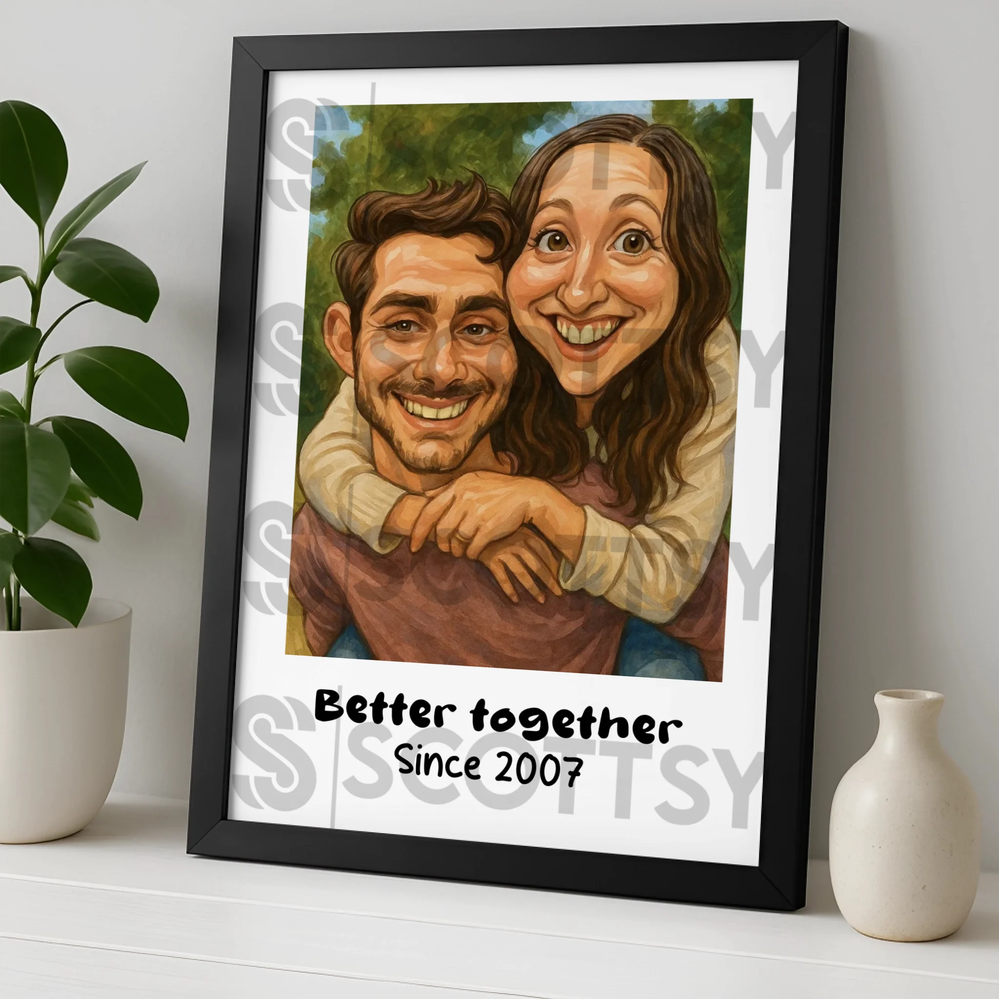 Custom couple caricature illustration in a personalised photo frame