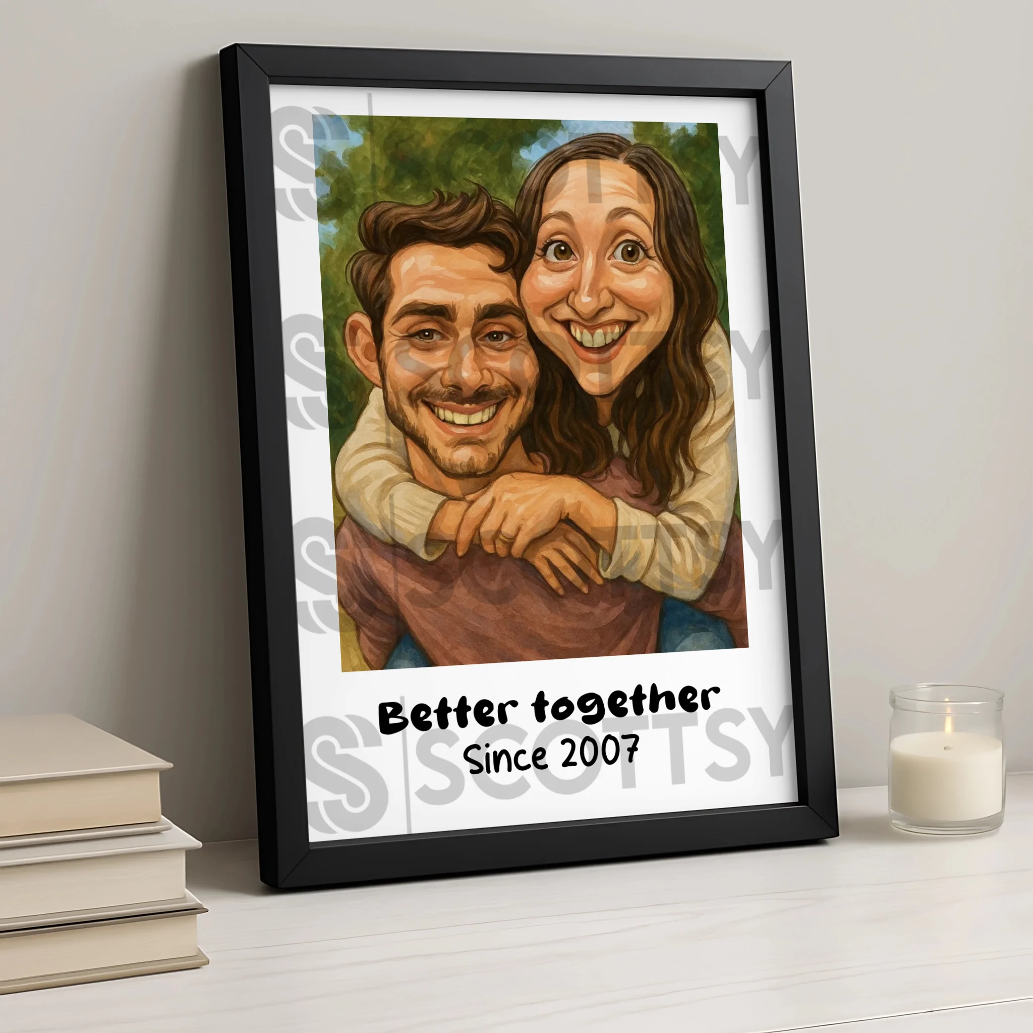 Funny personalised couple portrait print displayed in a photo frame