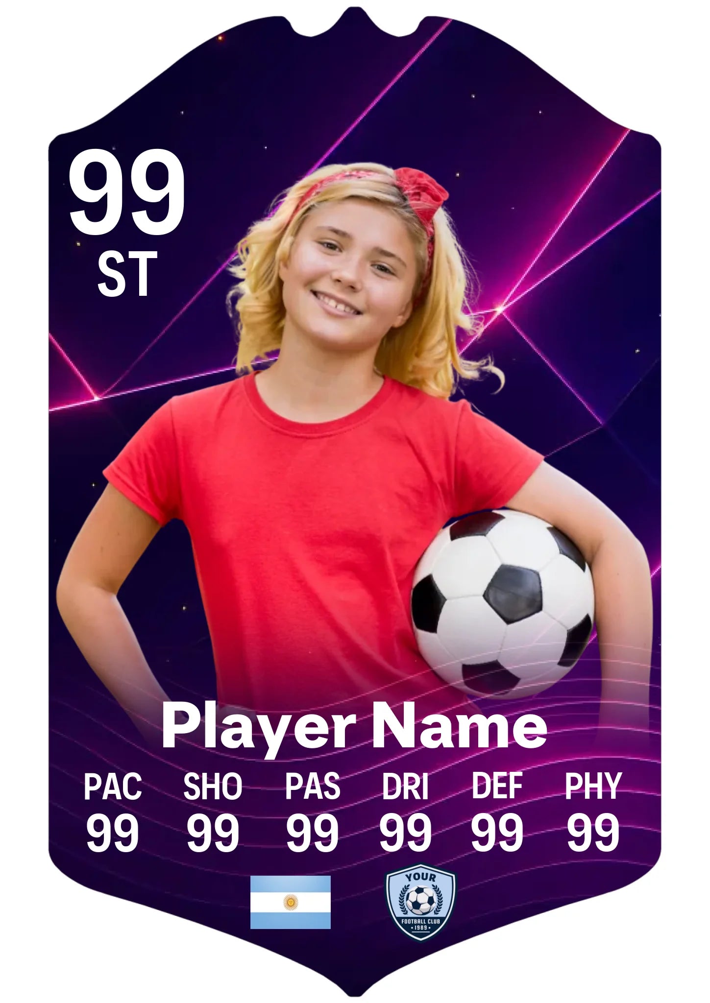 A5 personalised football card in purple geo design on glossy aluminium