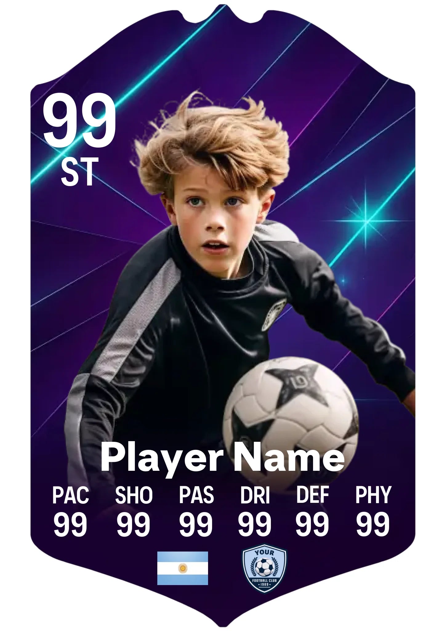 Medium A4 custom football card on glossy aluminium showing personalised stats and player name