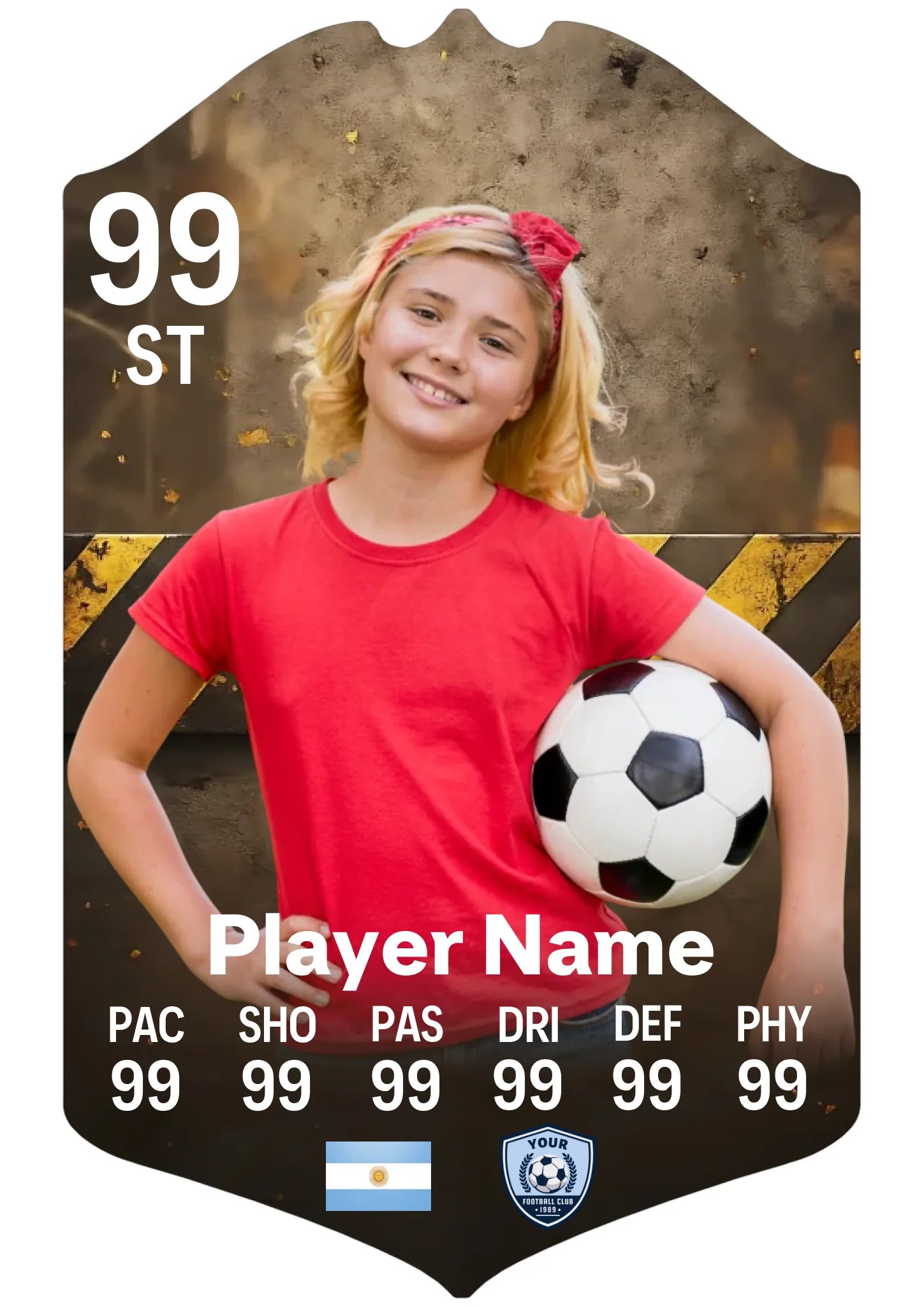 Medium A4 custom football card with personalised stats and photo on aluminium