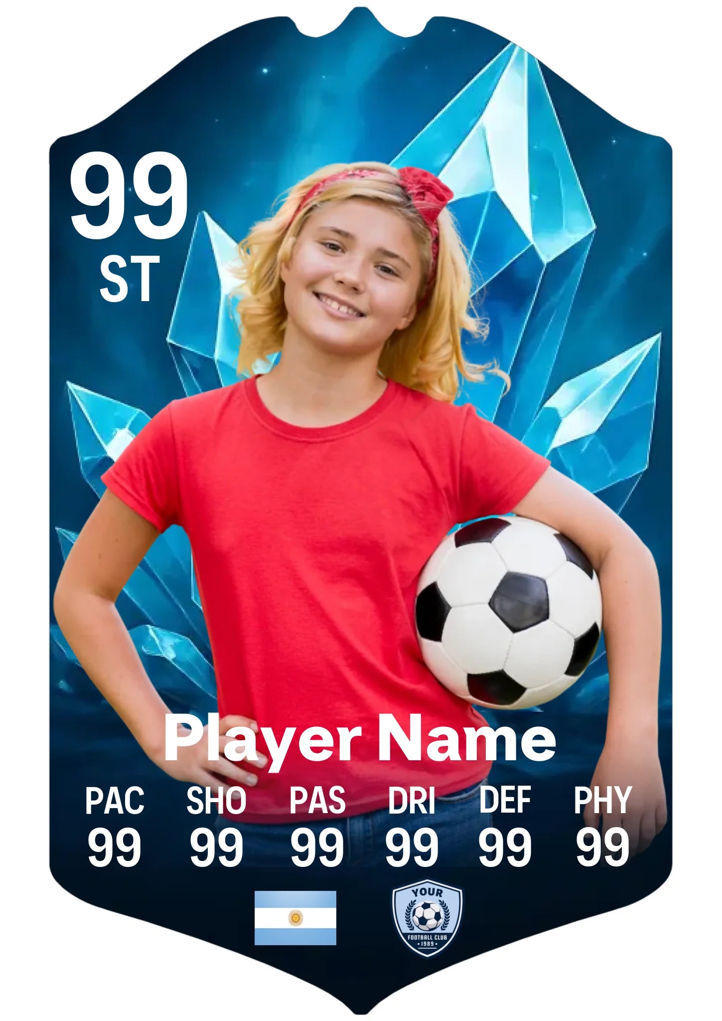 A4 personalised aluminium football card with ice crystals design and custom name and club