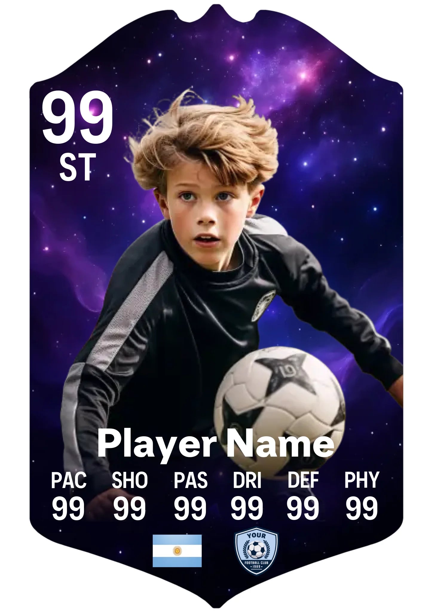 Medium A4 personalised football card nebula design on glossy aluminium