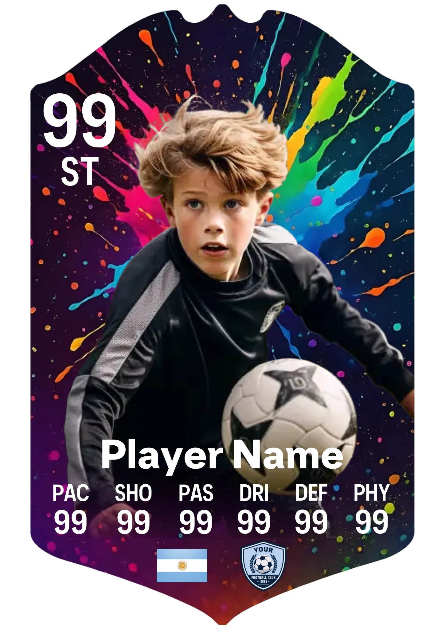 A4 personalised football card paint explosion design showing custom player stats and name