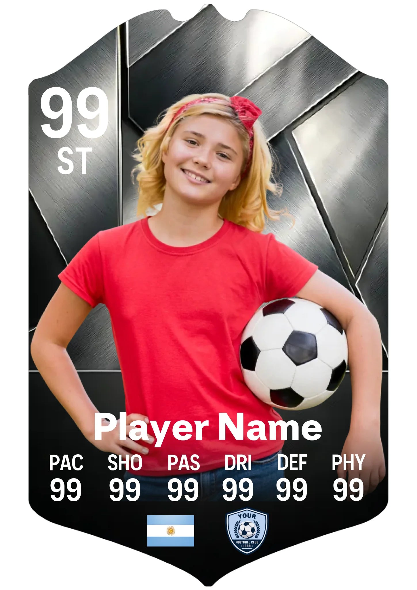 A4 personalised football card printed on glossy aluminium in chromium style