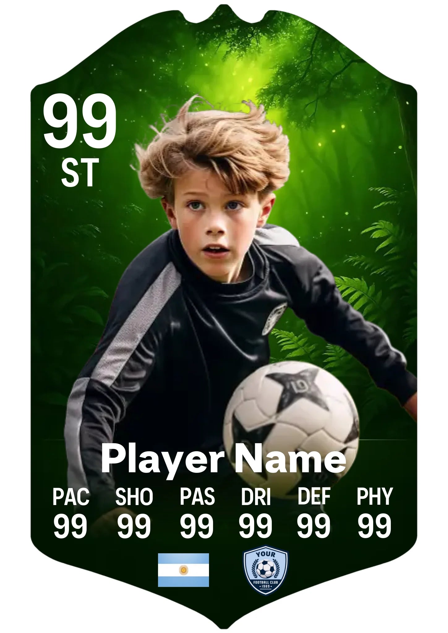 Medium A4 personalised football card with spooky forest design showing custom player stats