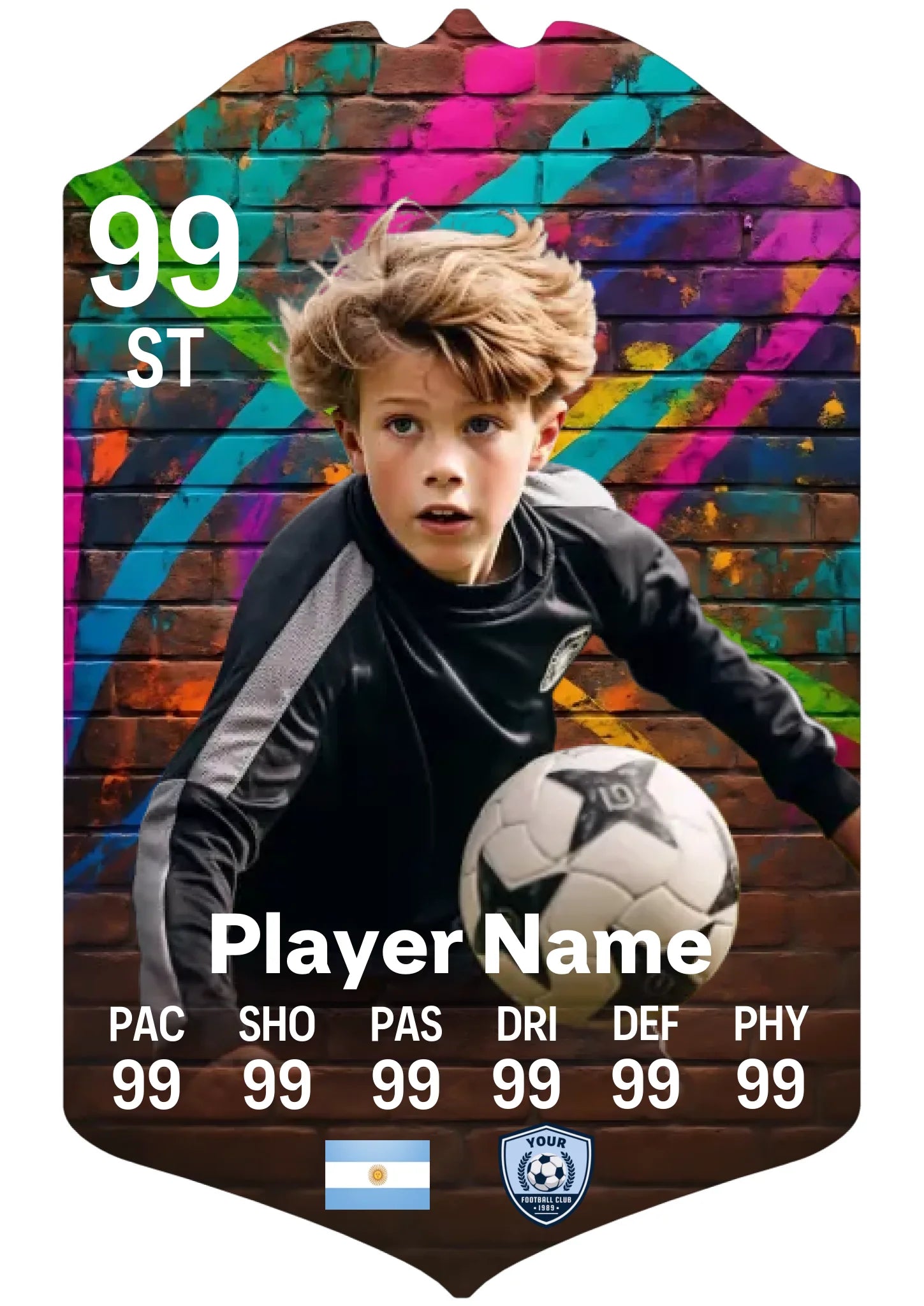 A4 personalised football card with graffiti wall design on aluminium