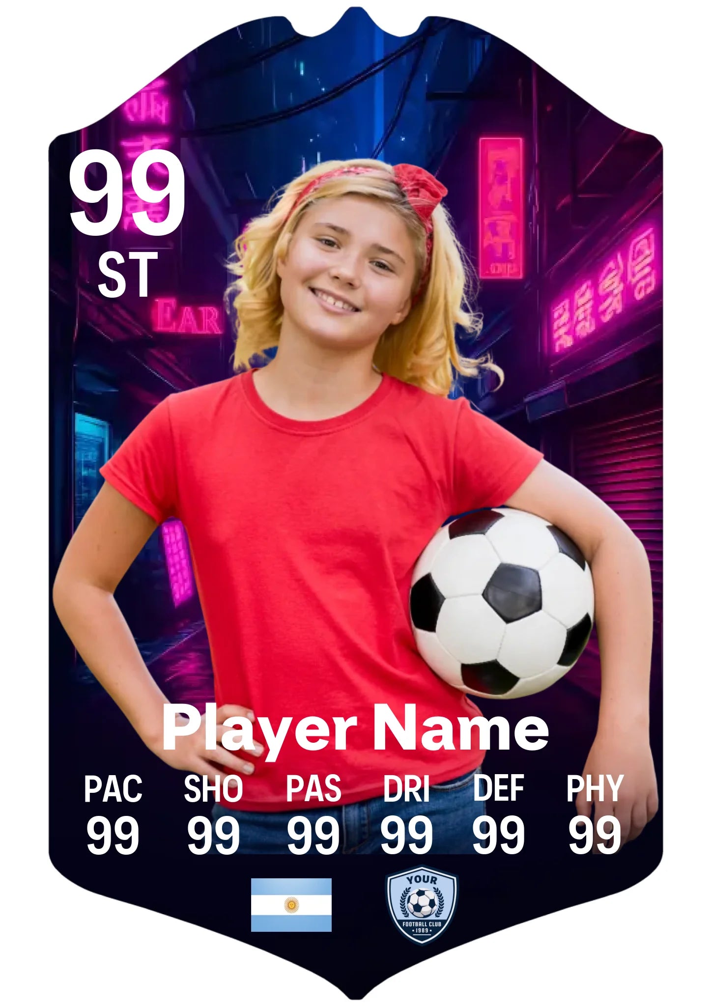 A4 personalised football card night scene neon aluminium print