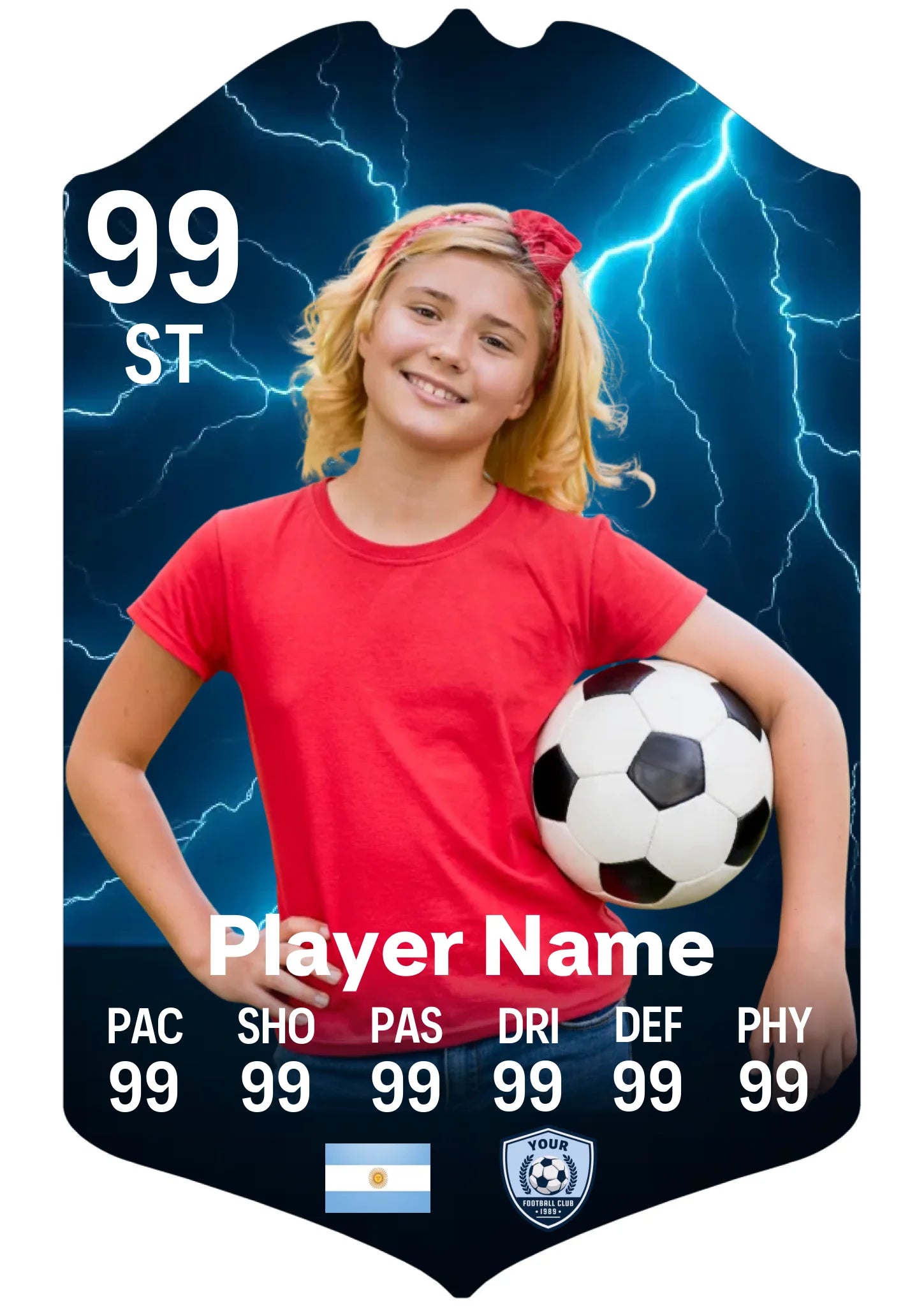 A4 personalised football card moody lightning design on aluminium stand