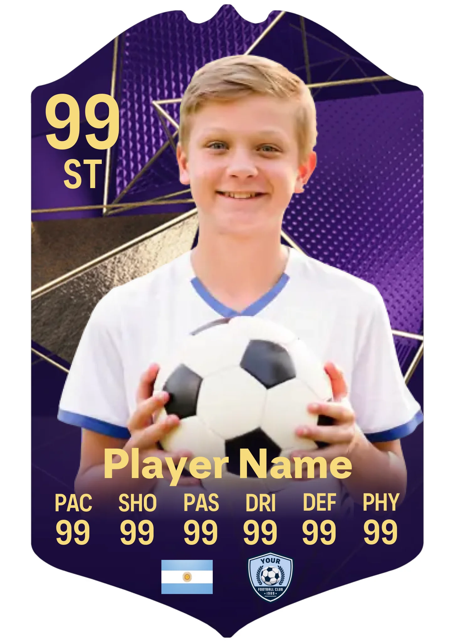 Large A3 personalised football card with custom player stats and name in purple