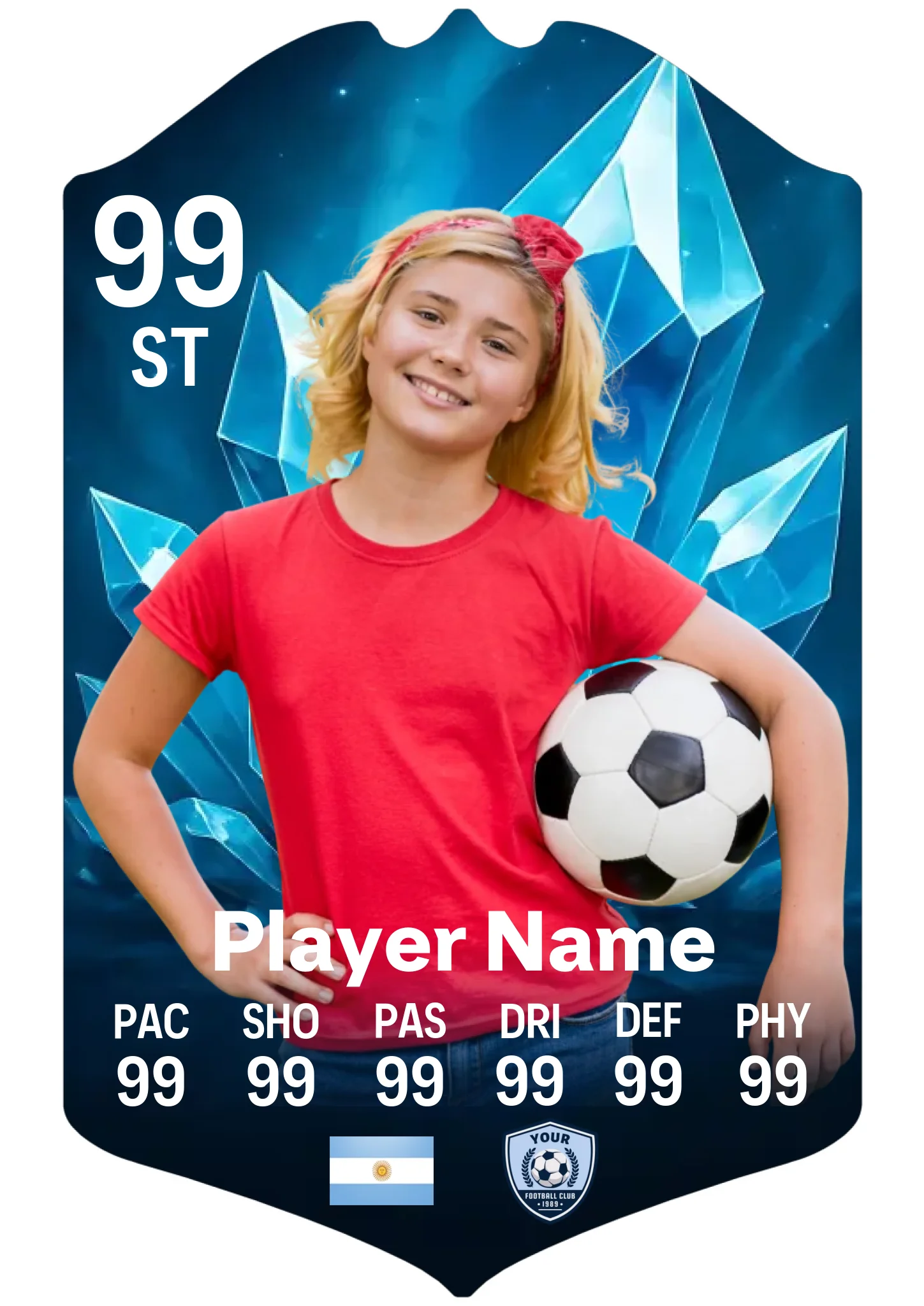 A3 personalised aluminium football card with ice crystals design showing custom player stats