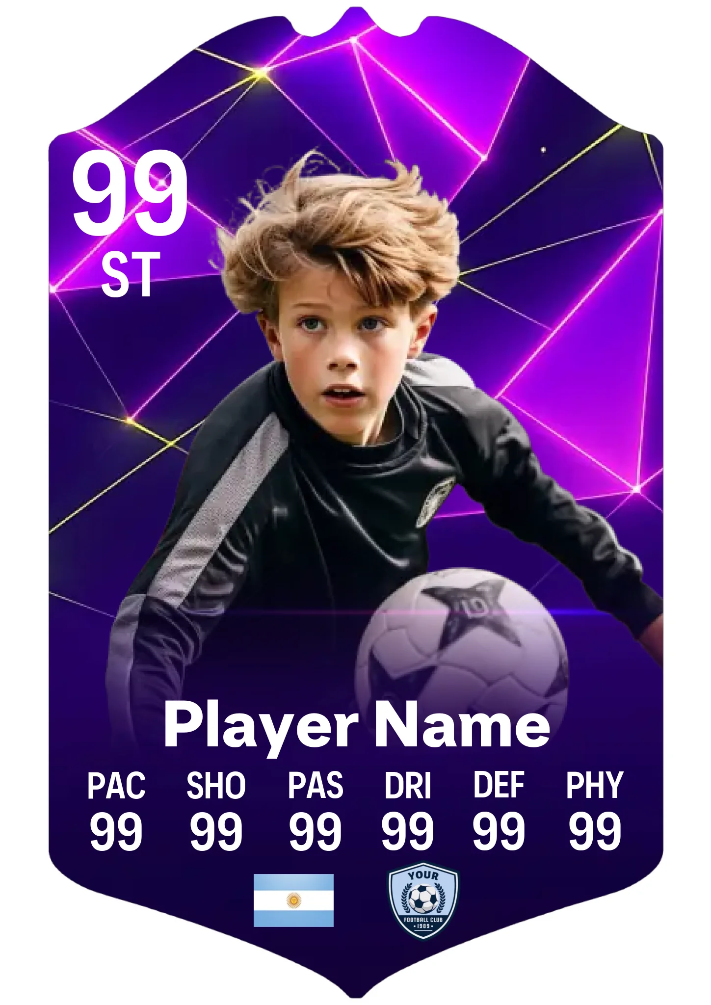 Large A3 personalised football card on aluminium with neon geometric design and custom player details