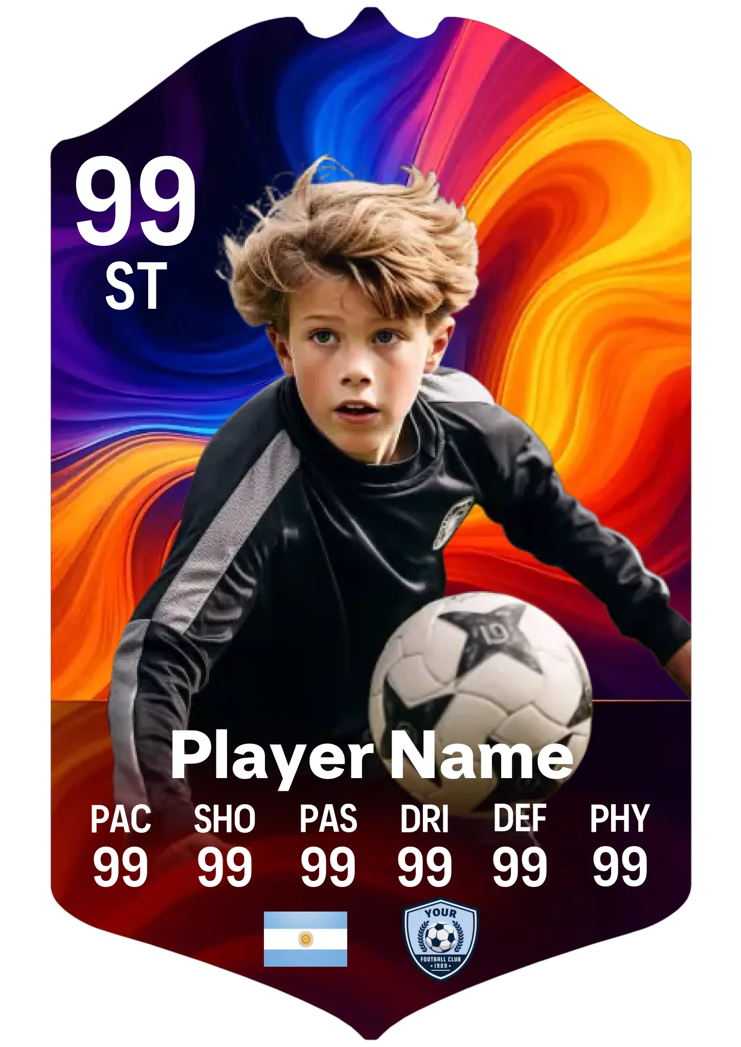 Large A3 personalised football card with colourful smoke effect and custom player stats