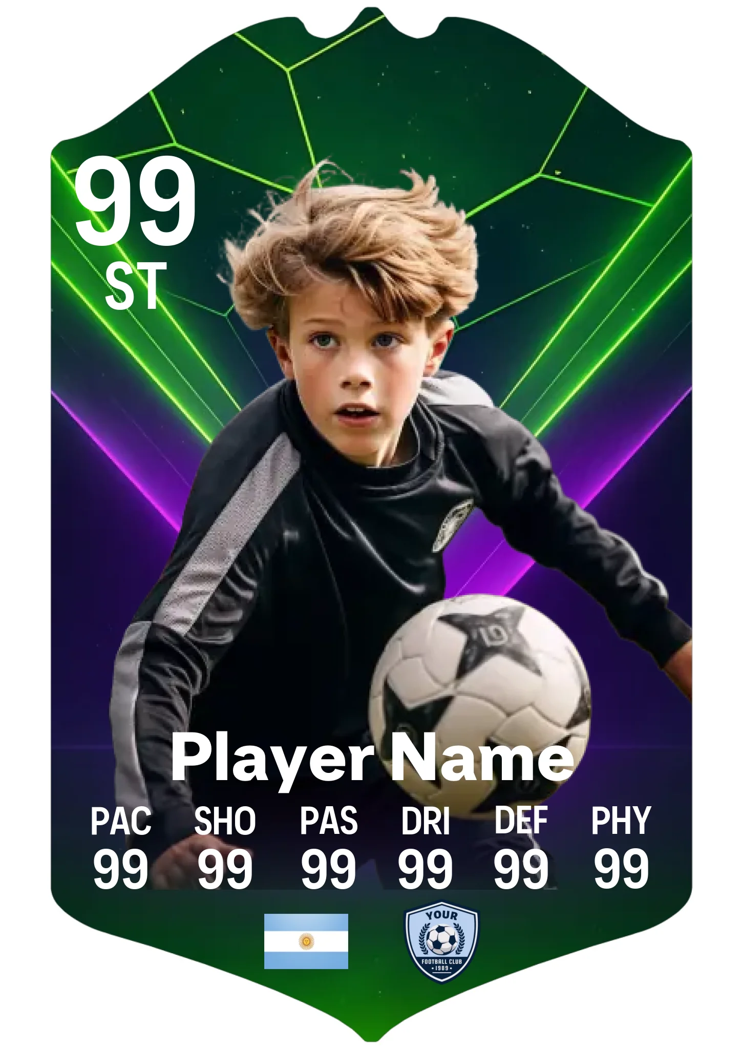 Large A3 personalised football card displayed on an aluminium stand