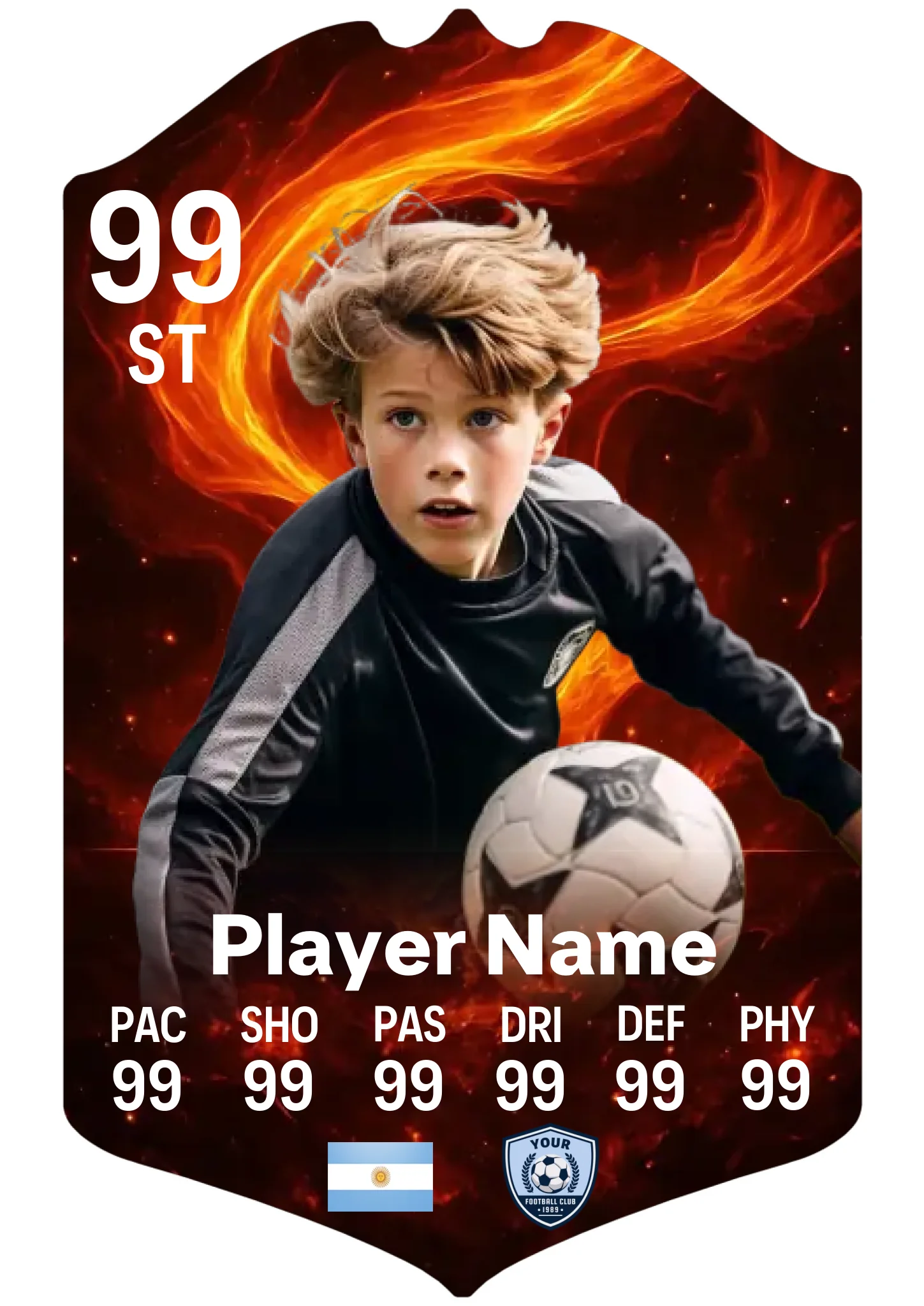 Large A3 personalised football card Double Flames design showing custom photo and player details