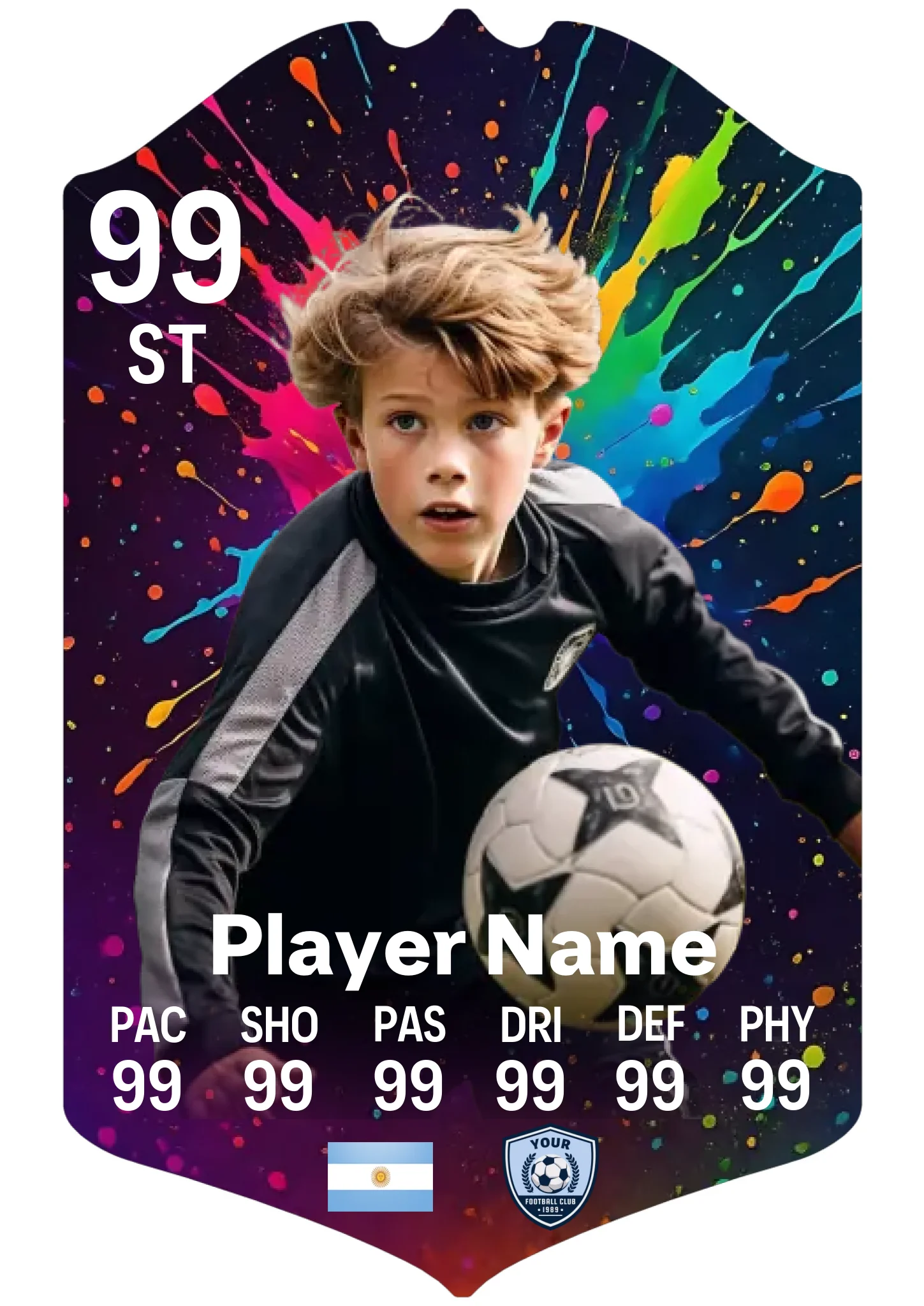 A3 personalised football card with paint explosion design on aluminium with stand