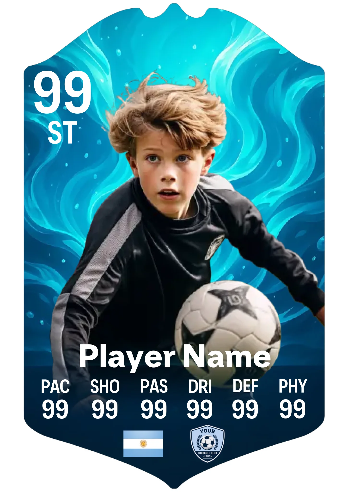 Large A3 personalised football card showing custom player stats and name on aluminium