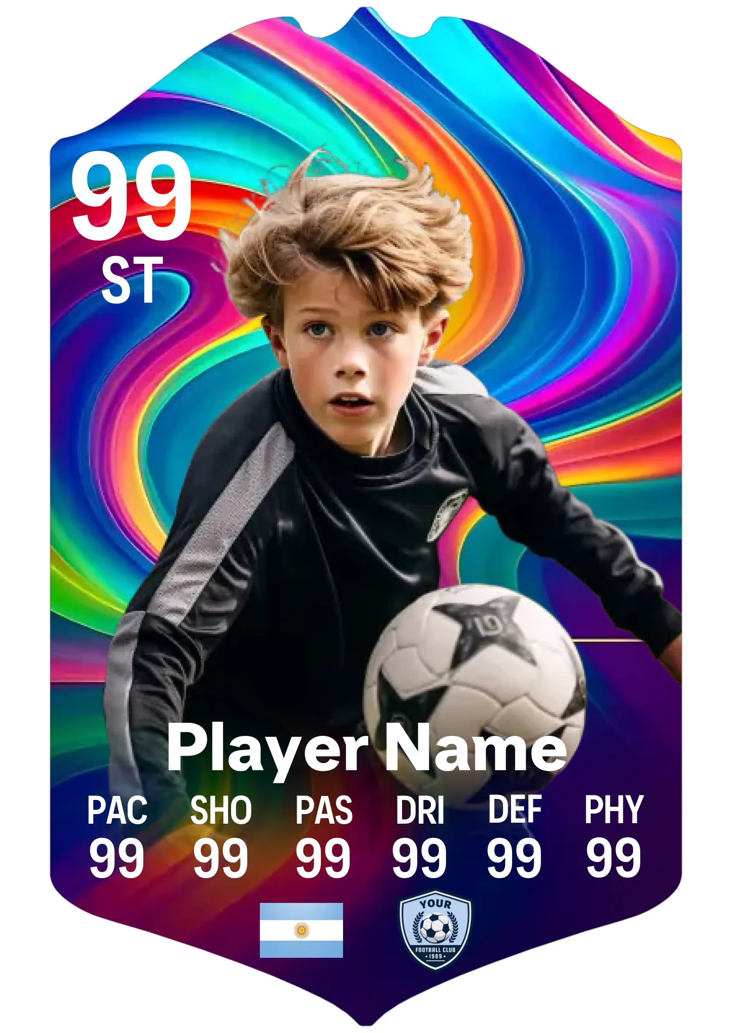 A3 personalised football card in rainbow smoke design showing custom player stats and name