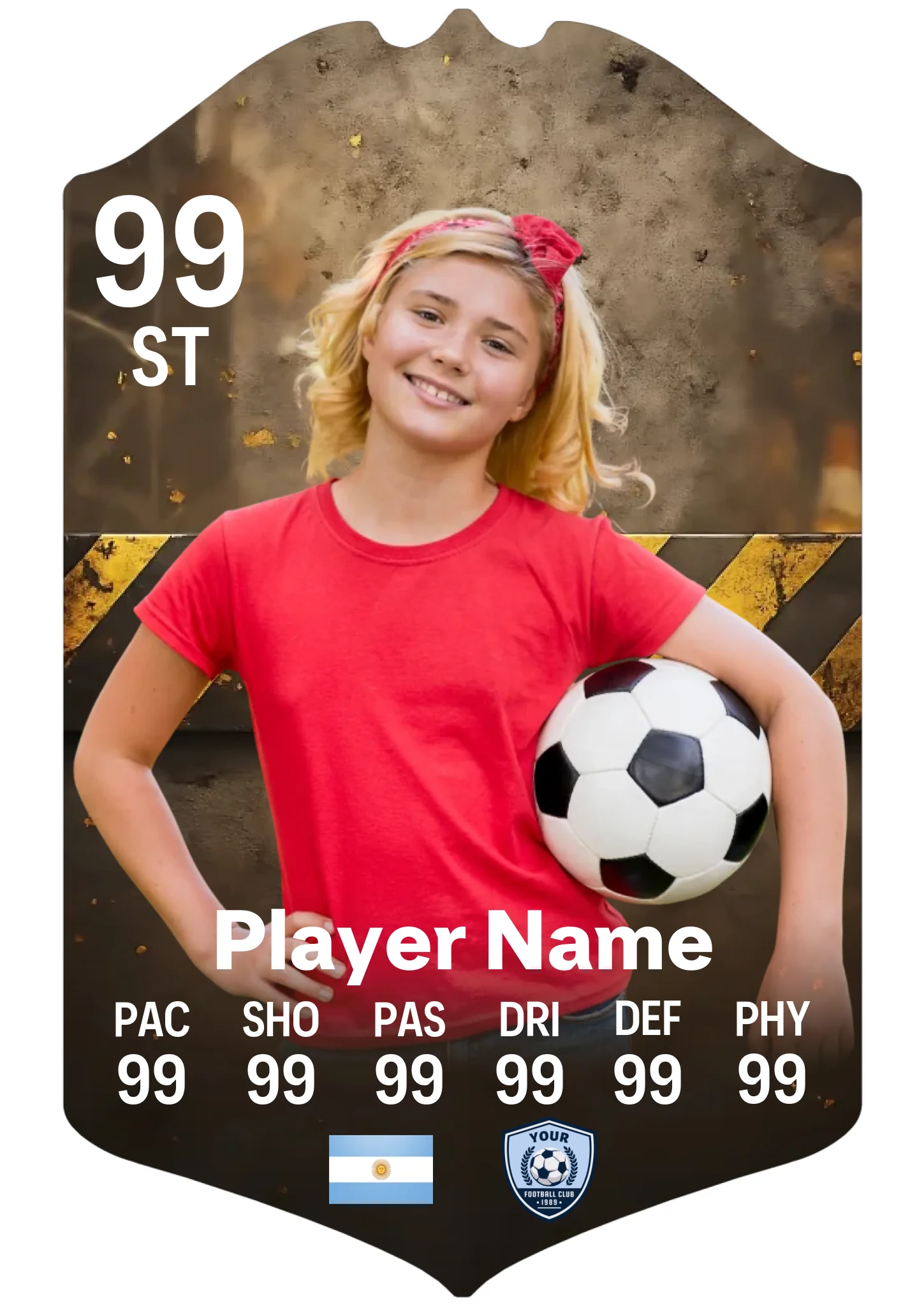 Large A3 personalised football player card printed on premium glossy aluminium