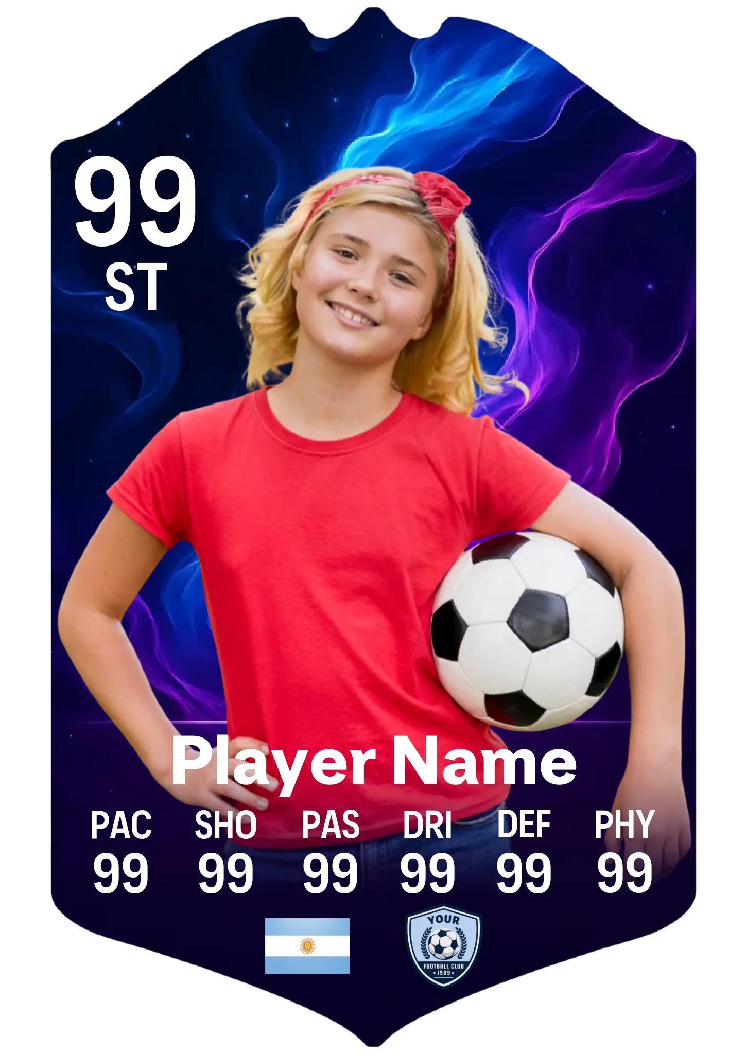 A3 large personalised football card in blue and purple smoke design displayed on a stand