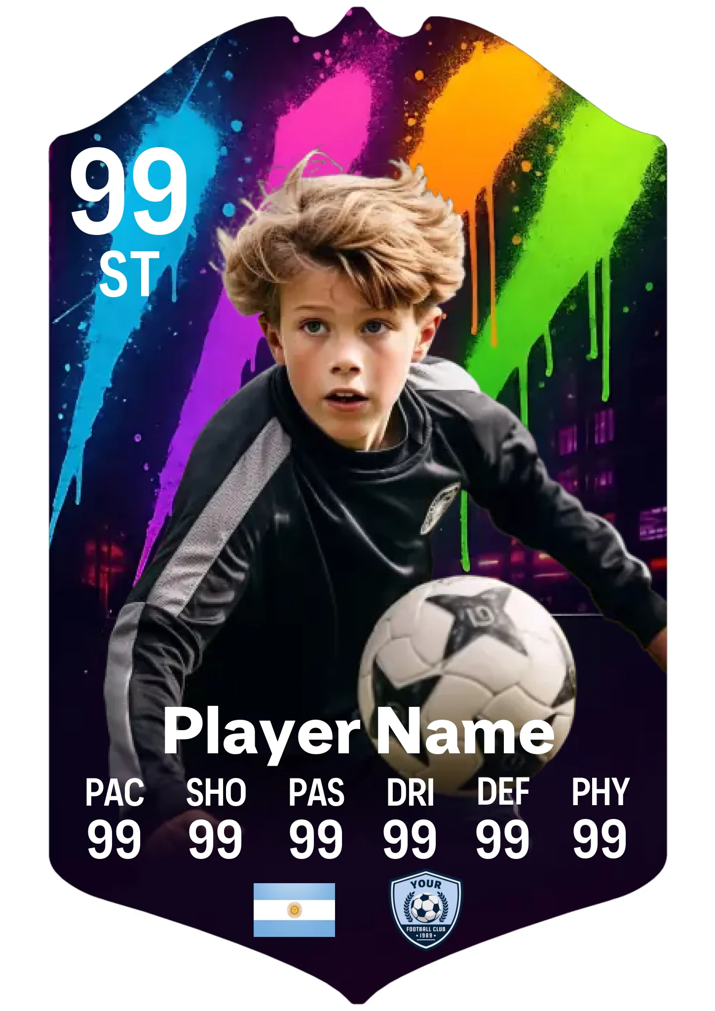 Large A3 personalised football card showing custom player stats and name