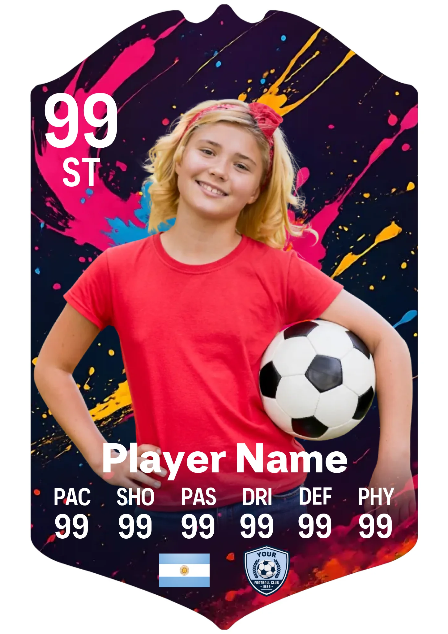Large A3 personalised football card with paint splatter design displayed on a stand