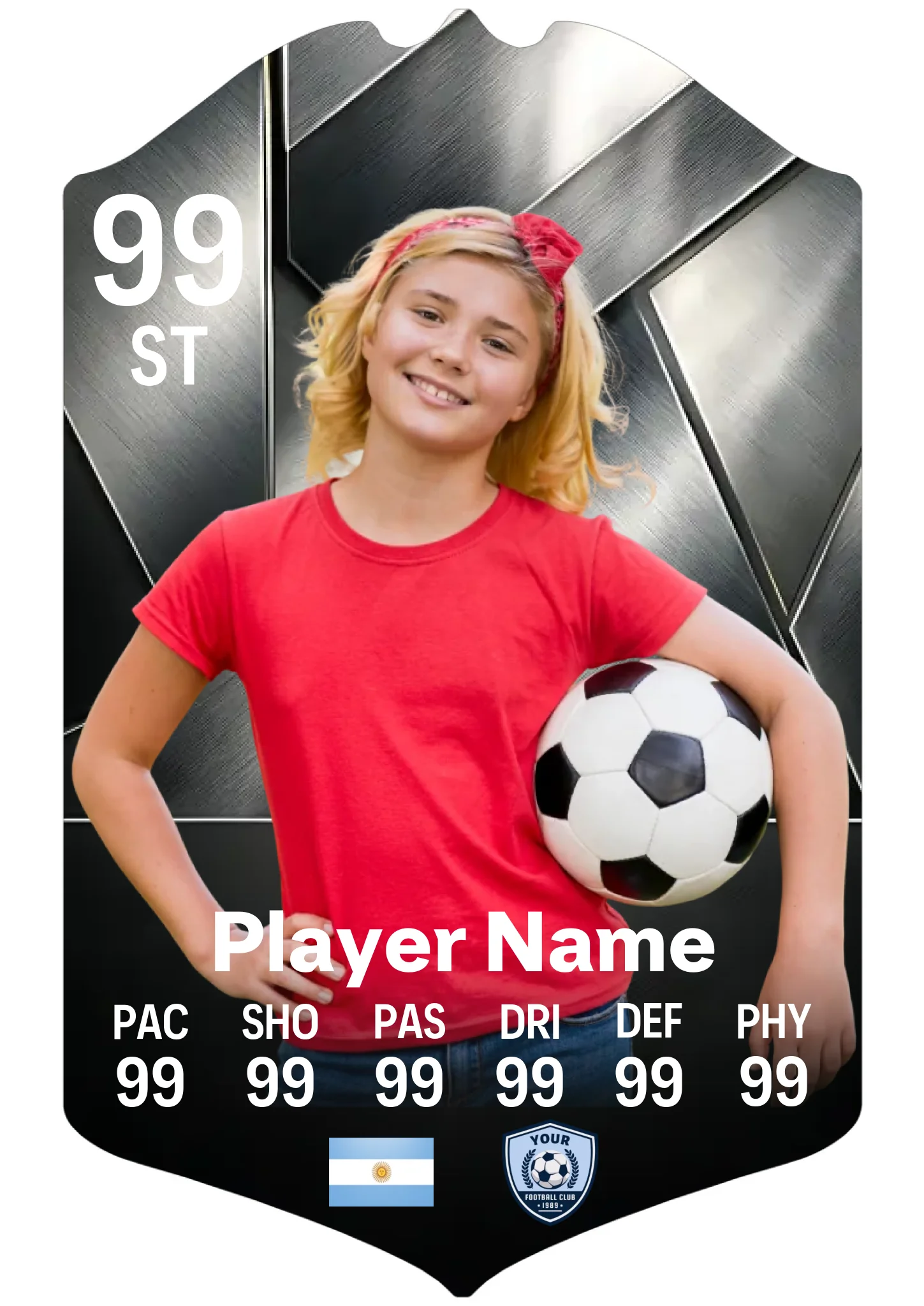 A3 personalised football card on aluminium showing full chromium design with player details