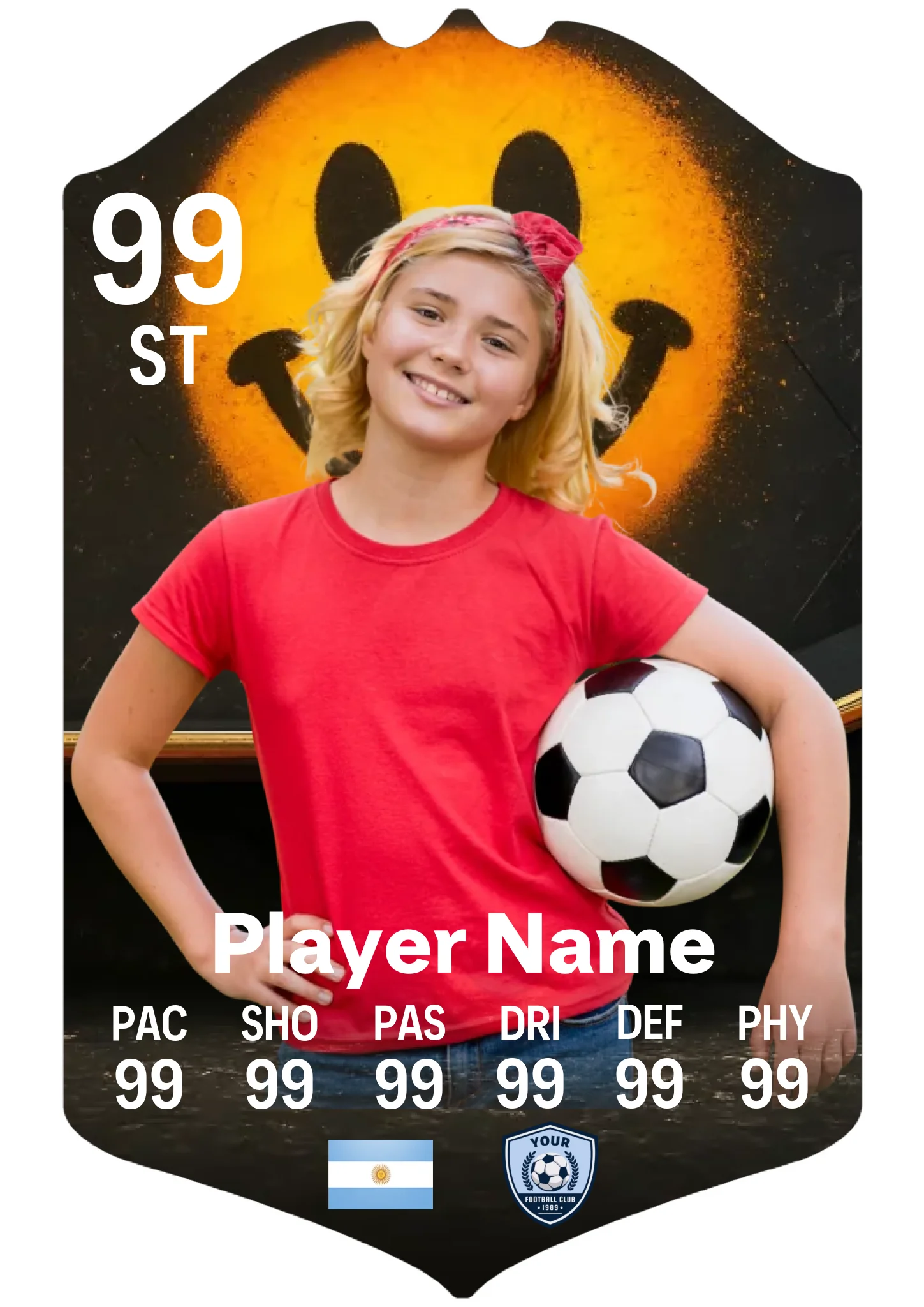 A3 personalised aluminium football card showing custom player stats and name