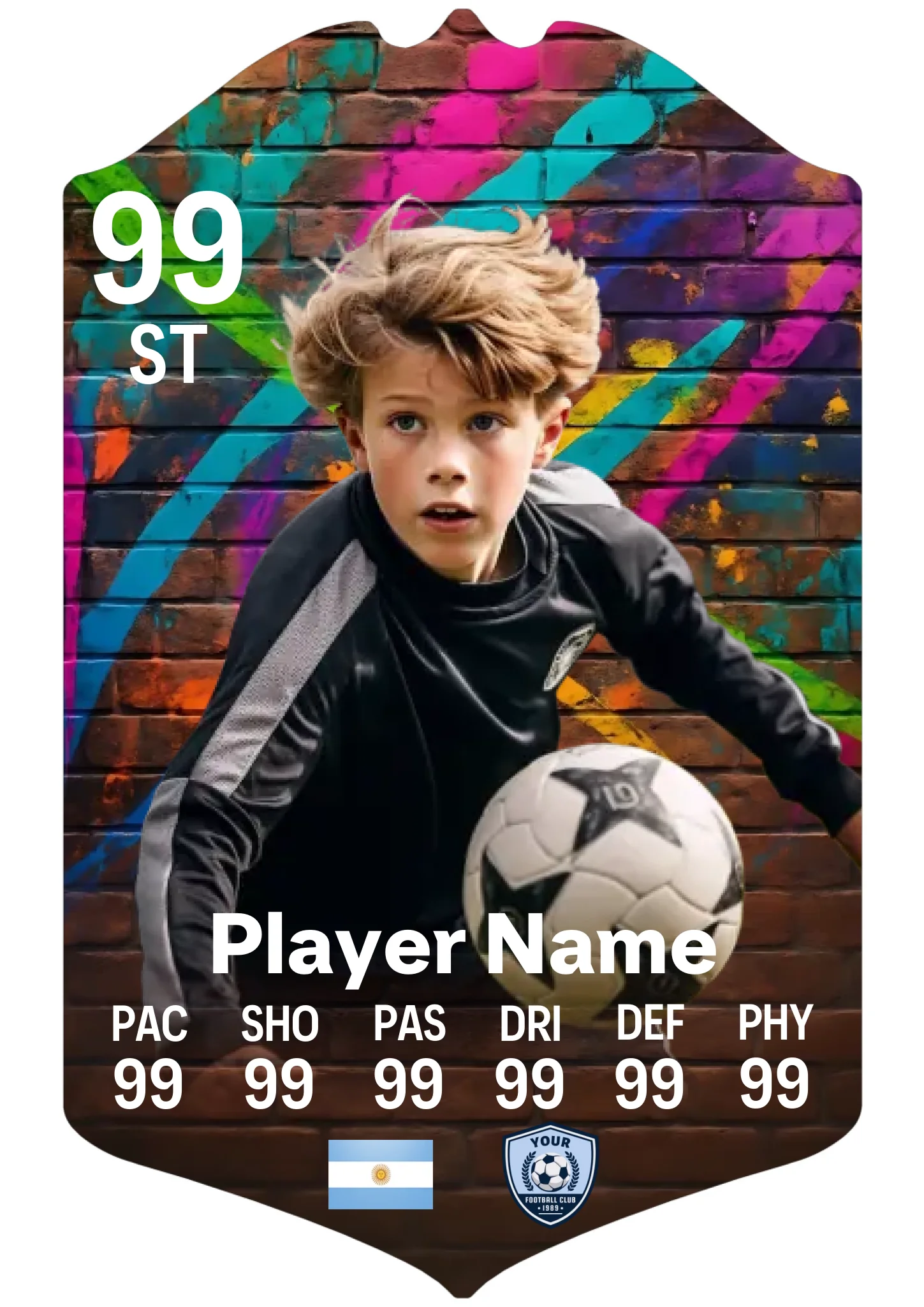 A3 personalised football card with graffiti wall design on aluminium