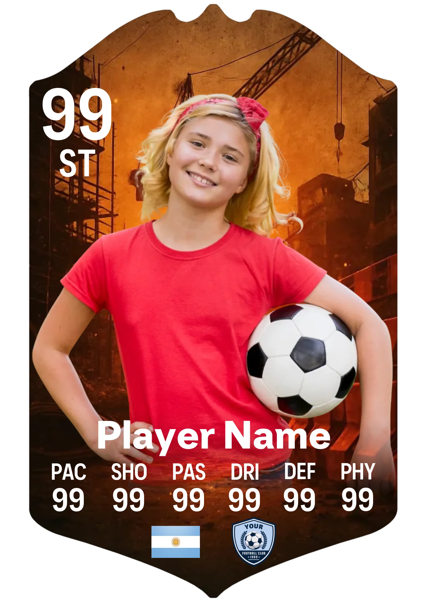 Large personalised football card in construction design showing custom name and stats