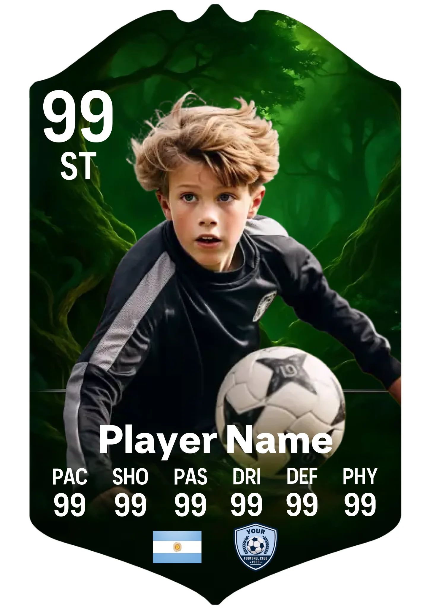 A4 personalised football card with spooky forest design showing custom player stats and name