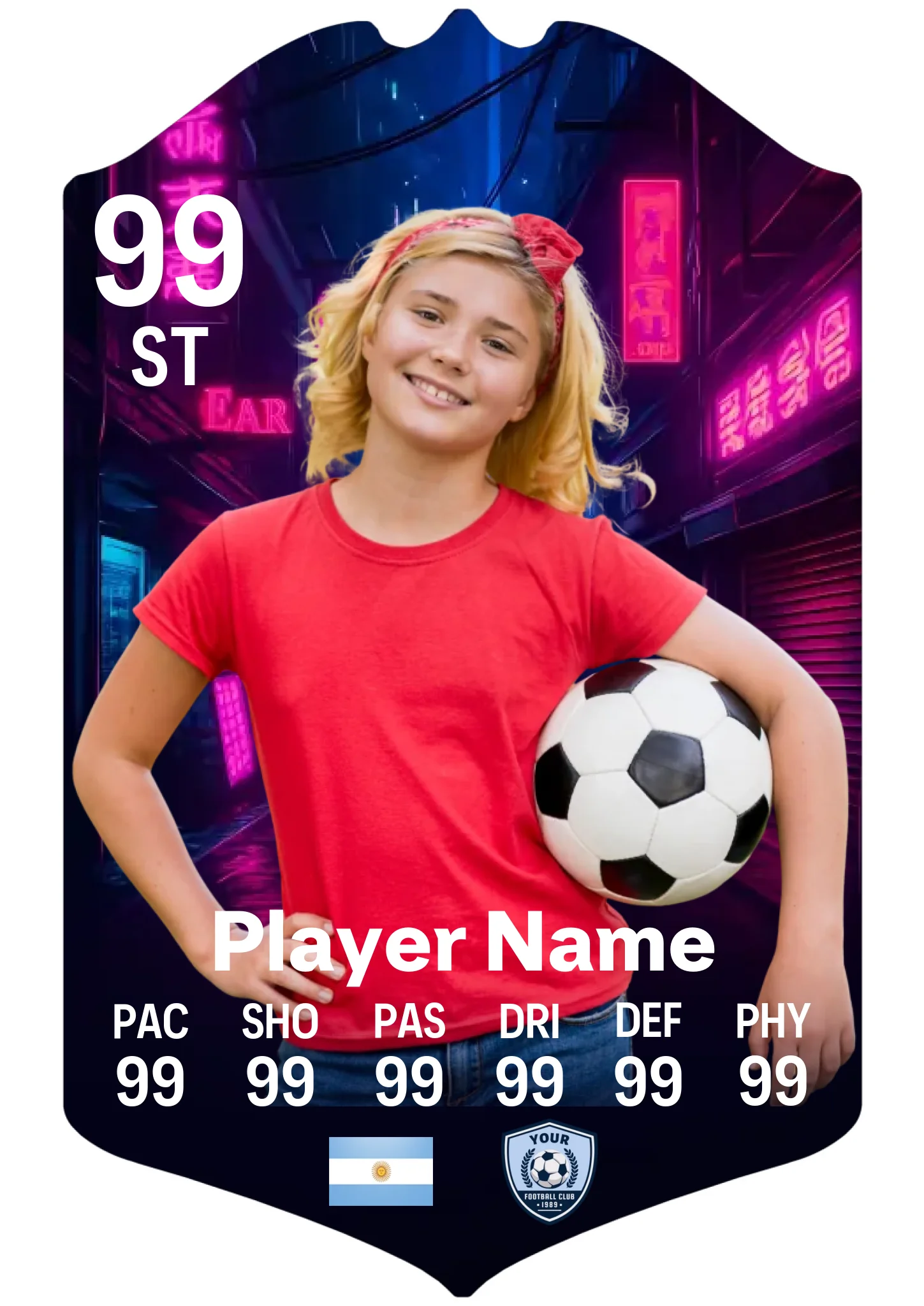A3 personalised football card night scene neon design with custom name and stats