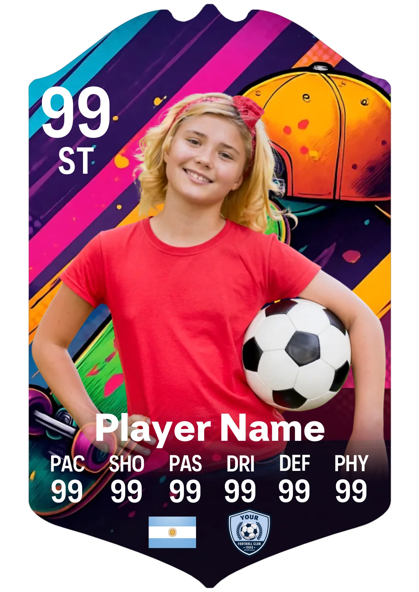 A3 personalised football card showing custom player stats, name and club on aluminium